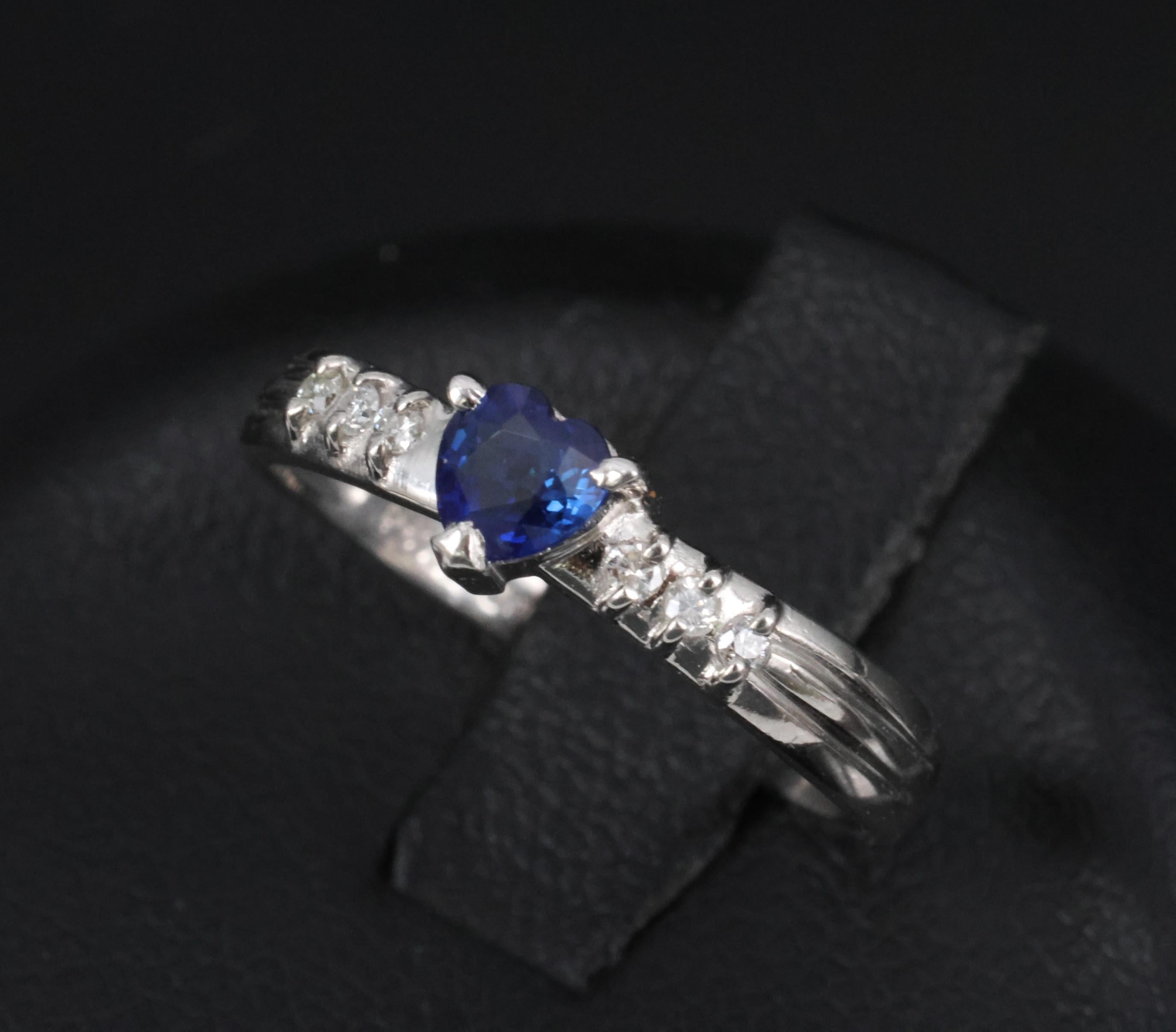 0.32ct Heart Royal Blue Natural Sapphire & 0.06ct Diamond Platinum Ring Size 5.5