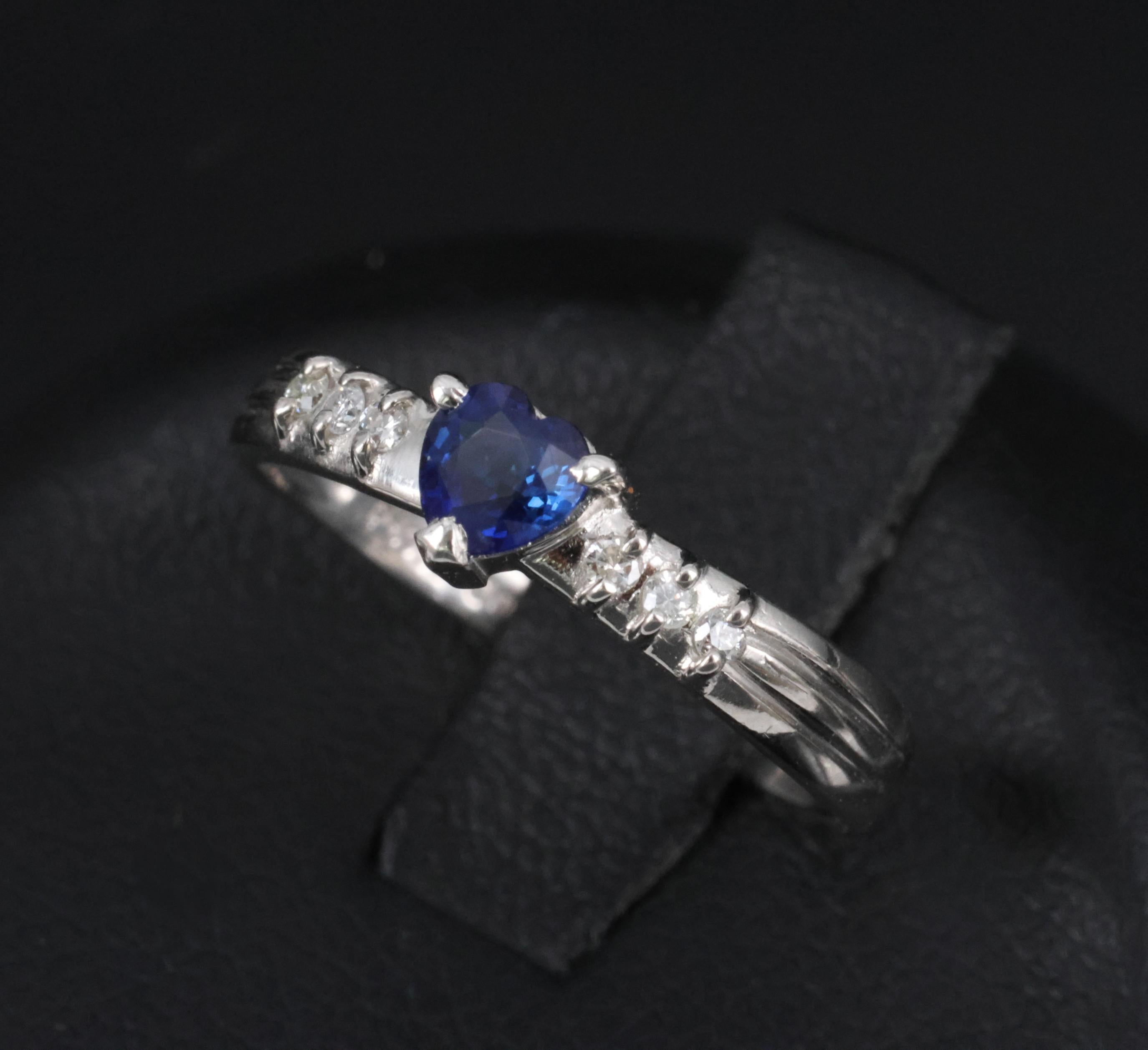 0.32ct Heart Royal Blue Natural Sapphire & 0.06ct Diamond Platinum Ring Size 5.5