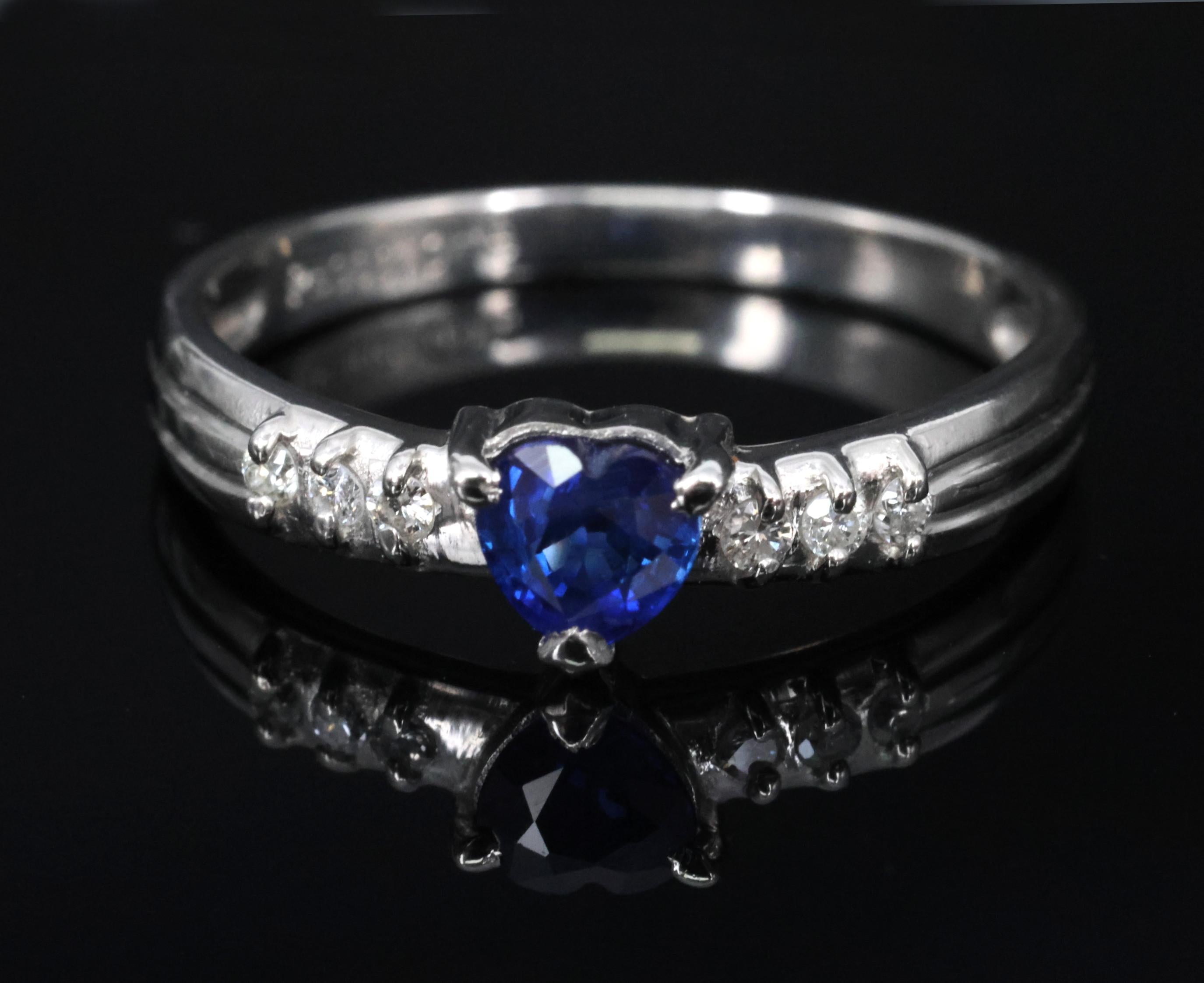 0.32ct Heart Royal Blue Natural Sapphire & 0.06ct Diamond Platinum Ring Size 5.5