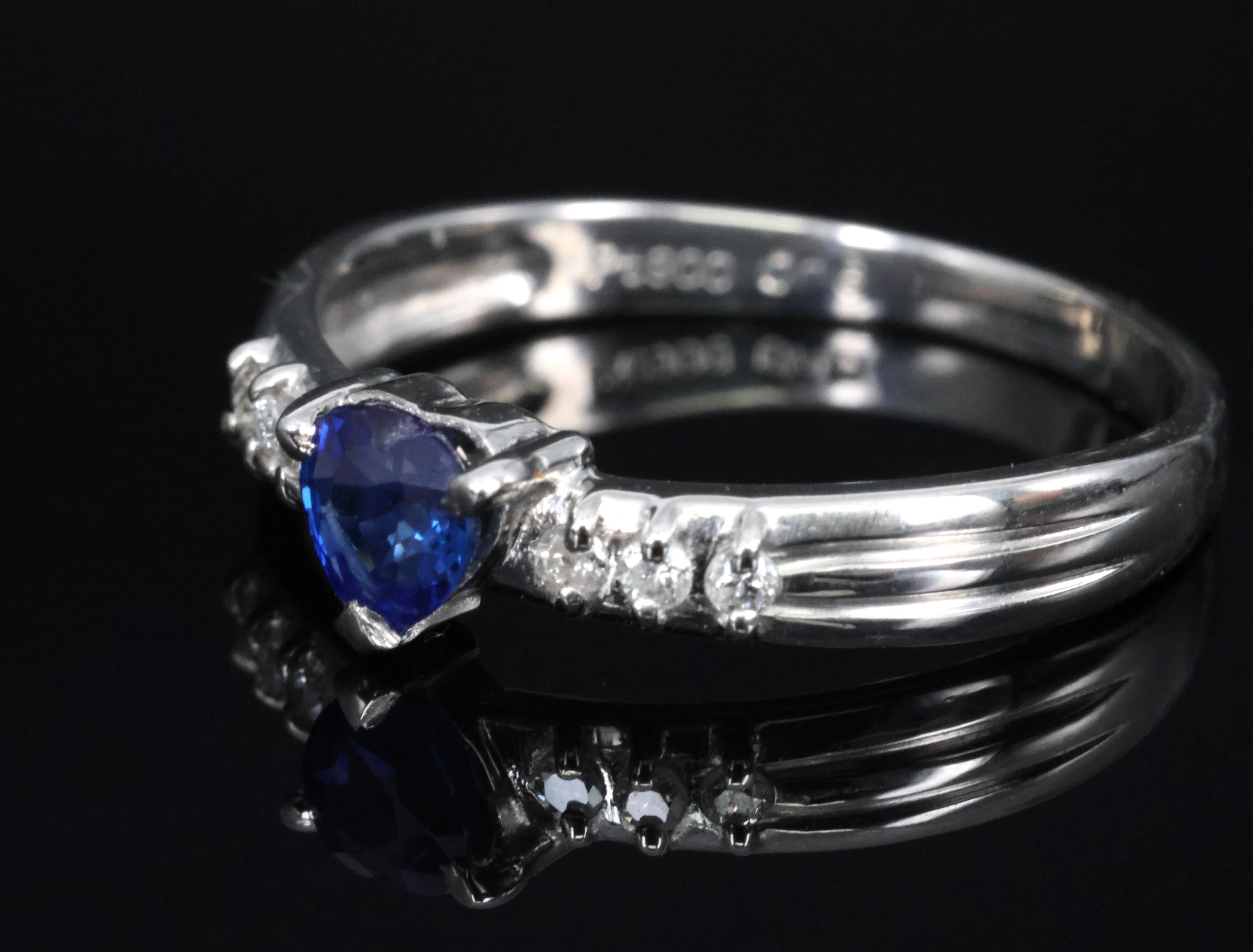 0.32ct Heart Royal Blue Natural Sapphire & 0.06ct Diamond Platinum Ring Size 5.5