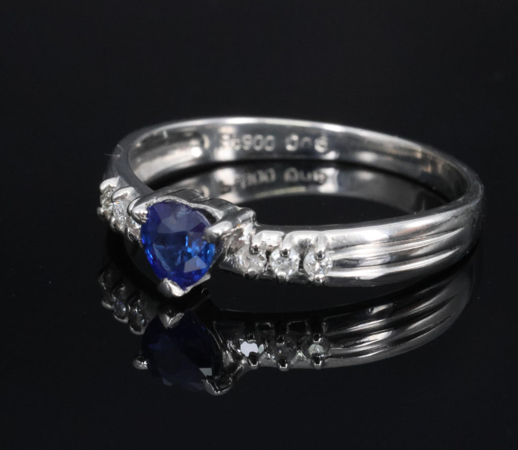 0.32ct Heart Royal Blue Natural Sapphire & 0.06ct Diamond Platinum Ring Size 5.5