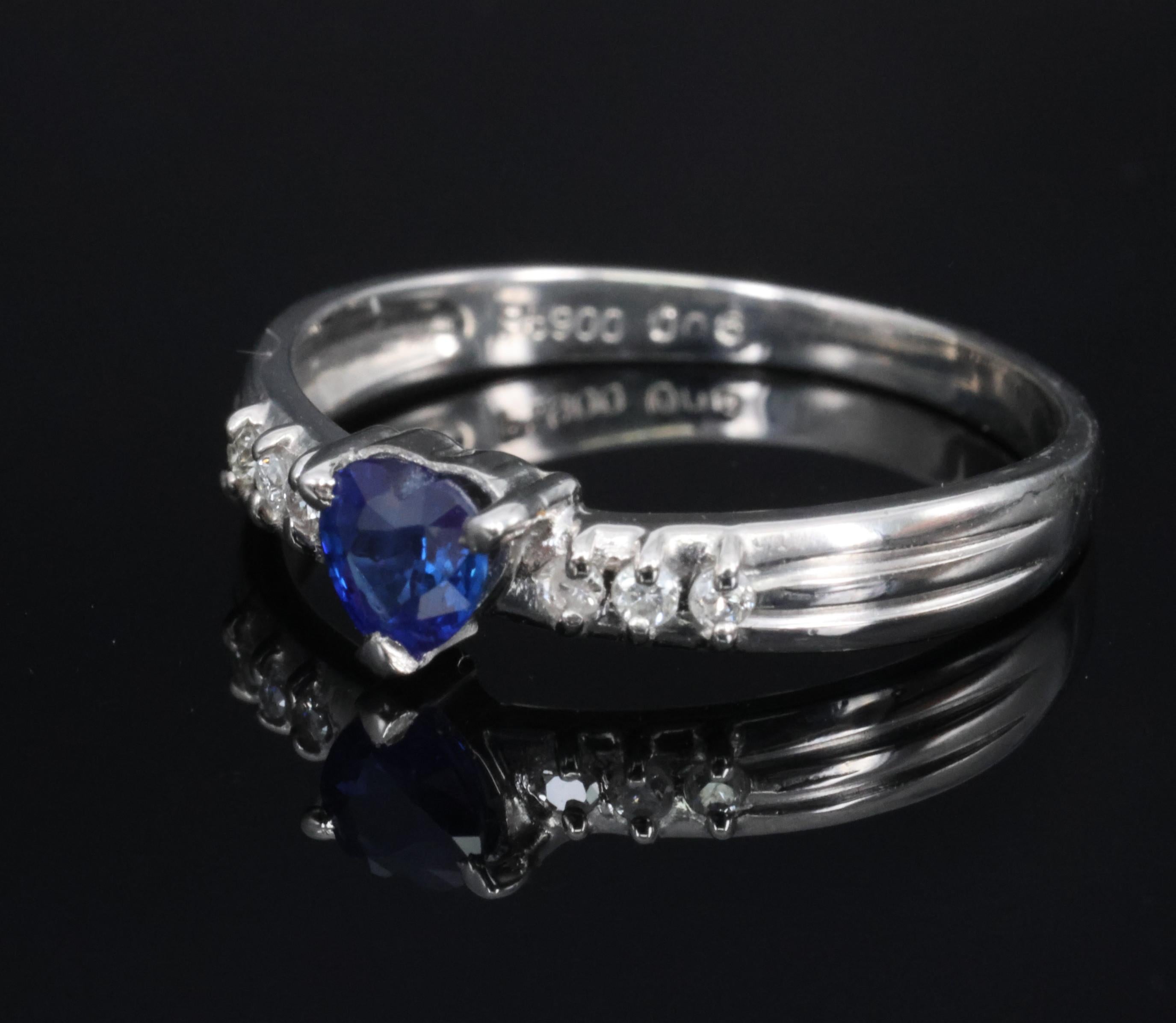 0.32ct Heart Royal Blue Natural Sapphire & 0.06ct Diamond Platinum Ring Size 5.5
