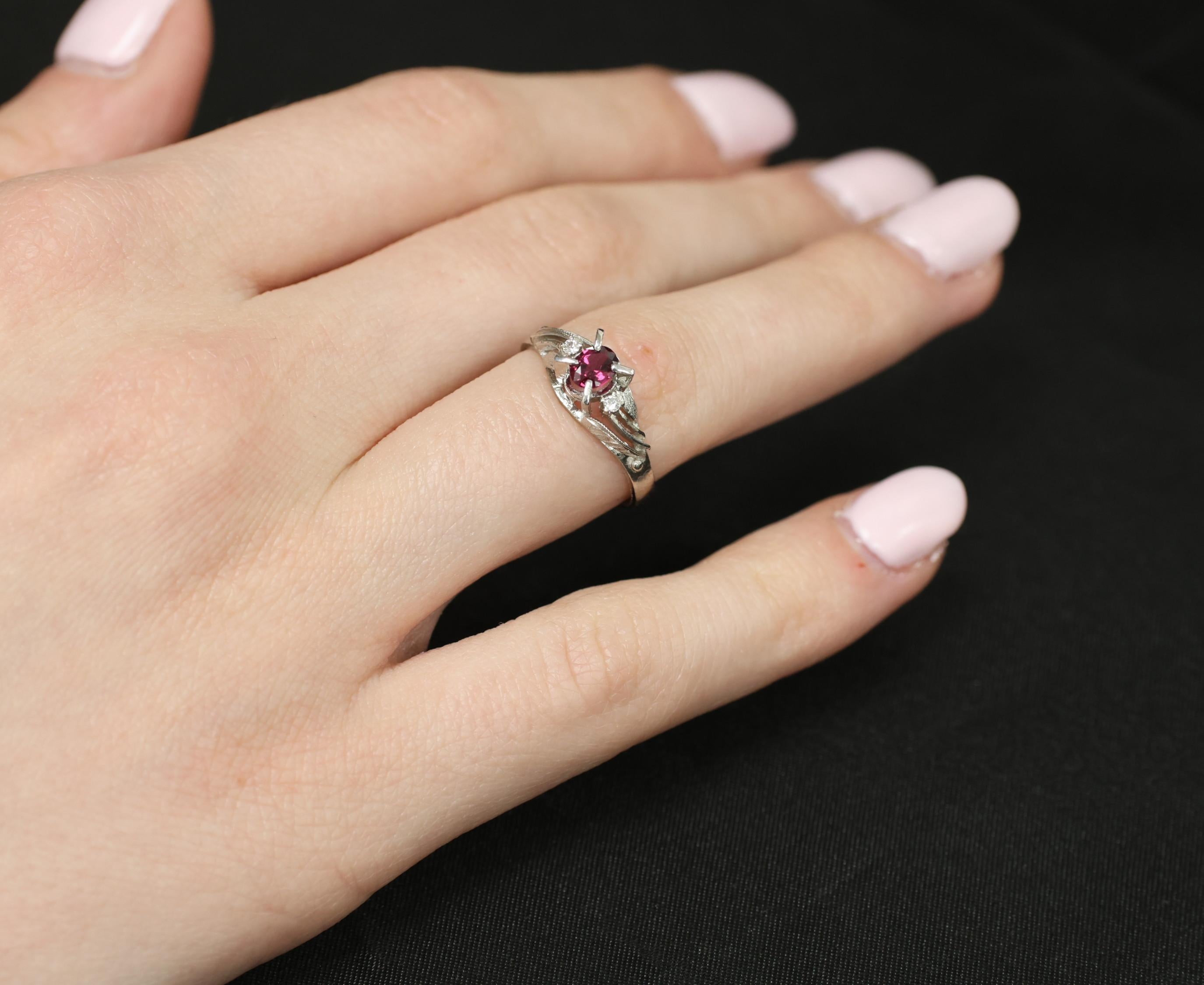 Vintage 0.30ct Ruby & 0.04ct Diamond Platinum Handmade Ring, Size 6.75, 3.4g