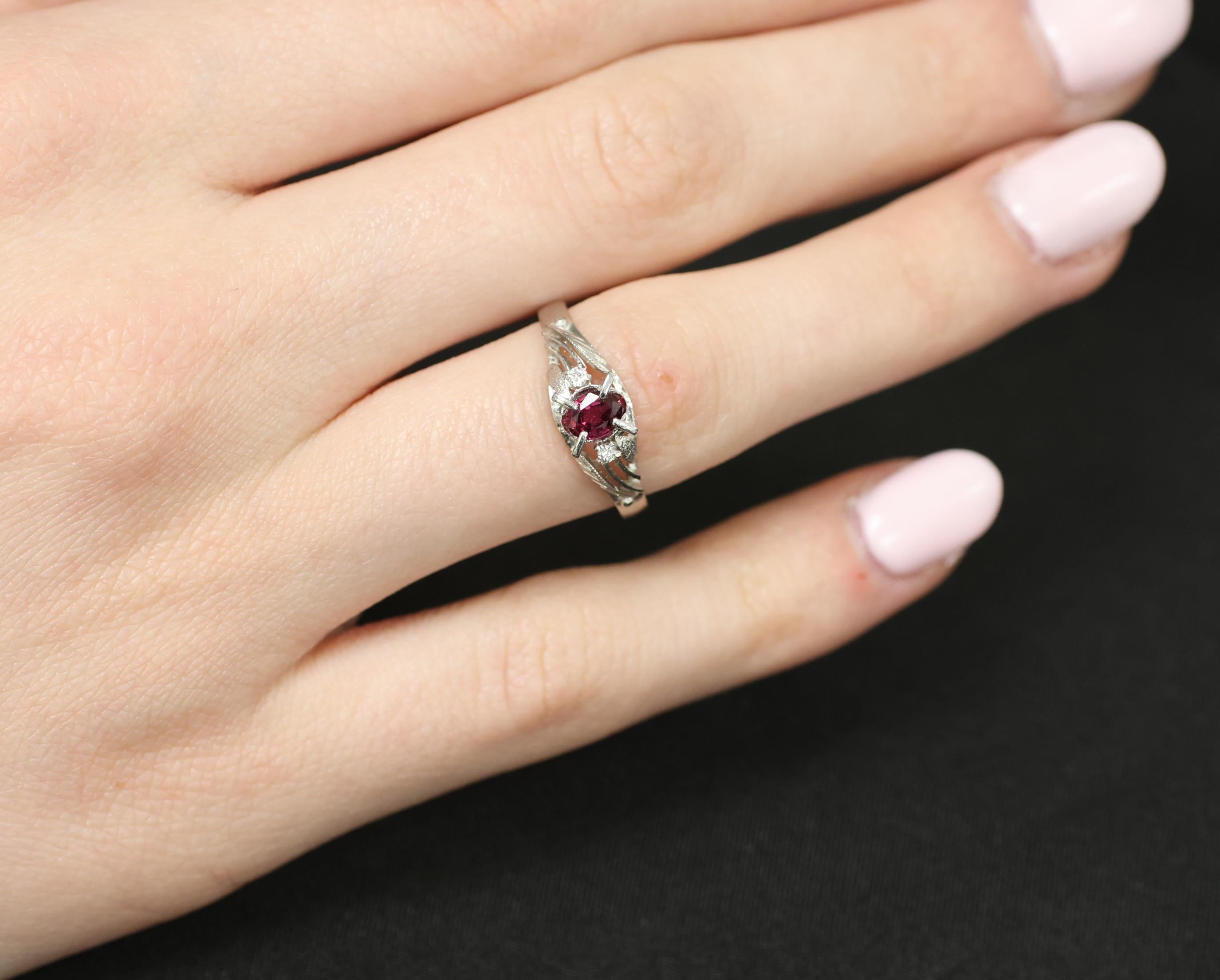 Vintage 0.30ct Ruby & 0.04ct Diamond Platinum Handmade Ring, Size 6.75, 3.4g