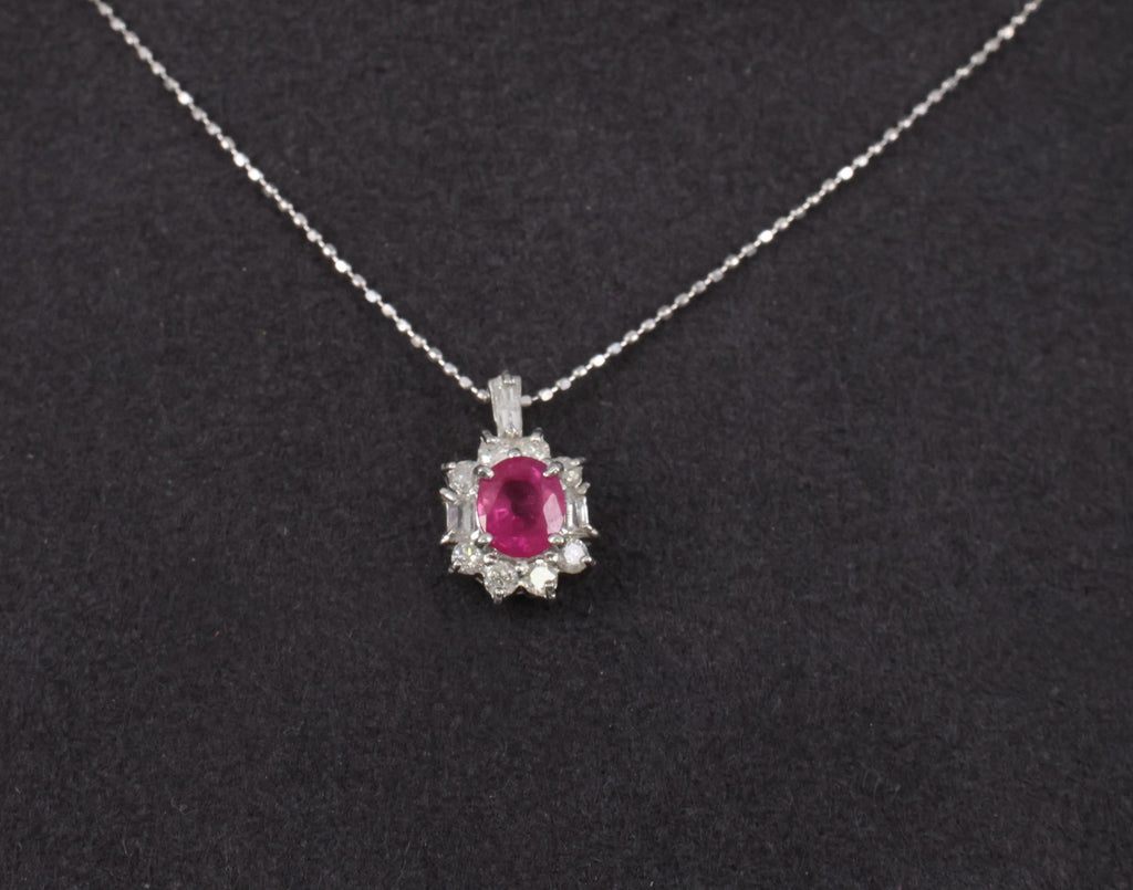 Vintage 0.85ct Natural Hot Pink Sapphire & 0.35ct Diamond Halo Platinum Necklace