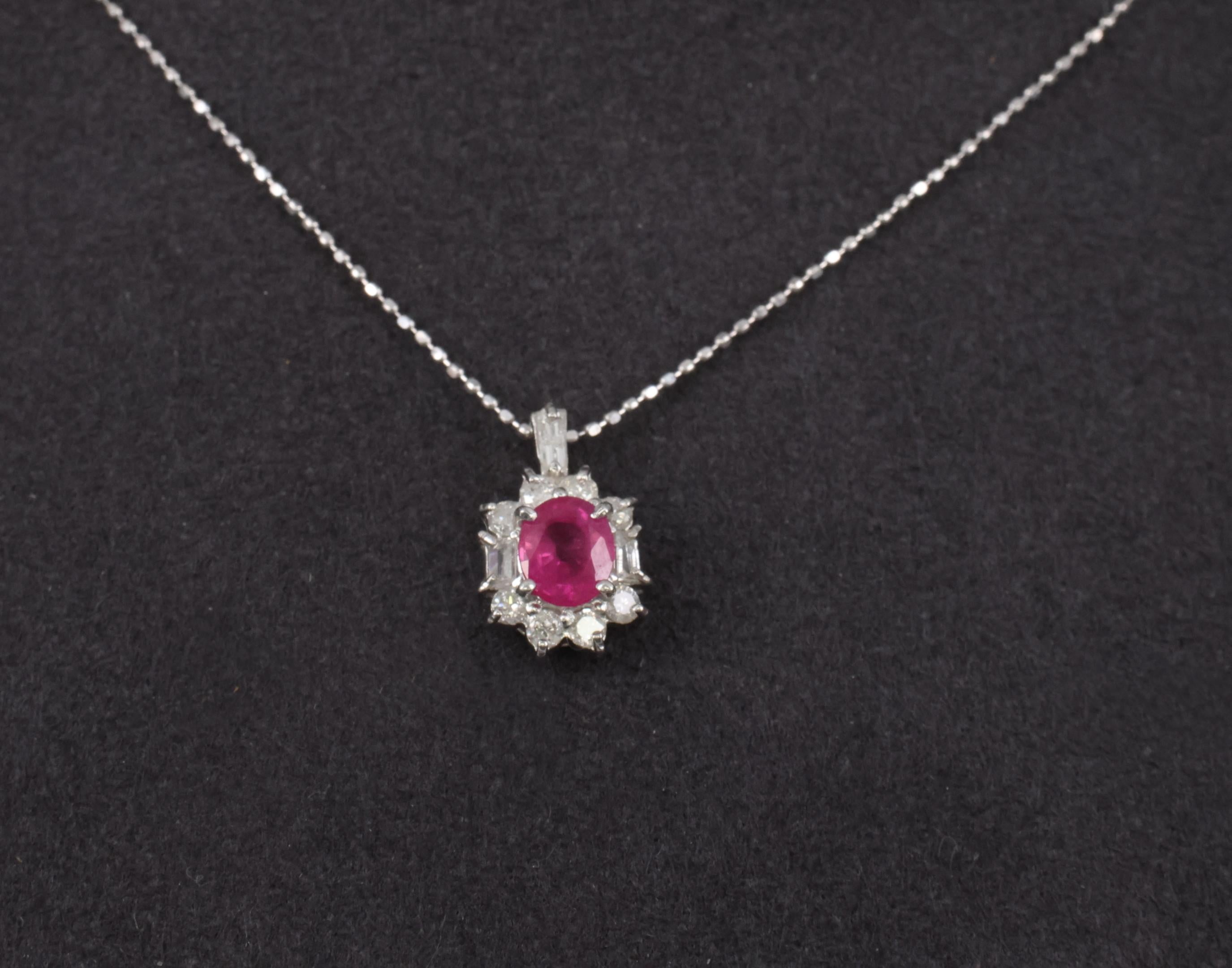 Vintage 0.85ct Natural Hot Pink Sapphire & 0.35ct Diamond Halo Platinum Necklace
