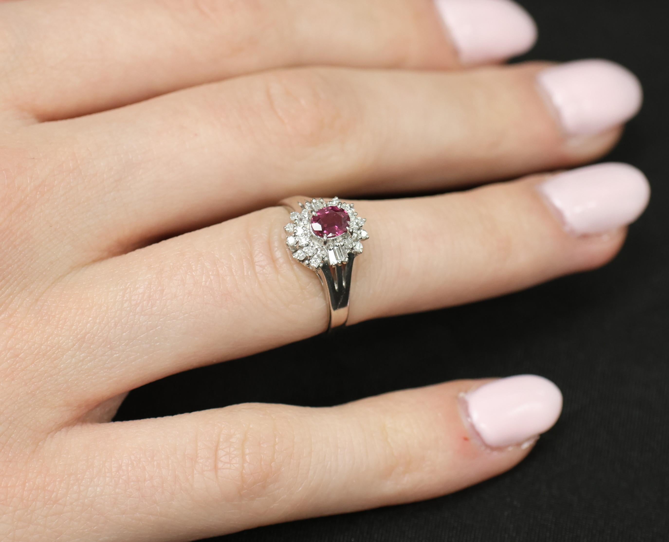 Vintage 0.44ct Natural Ruby 0.23ct Diamond Platinum Cocktail Ring Size 5.5 3.88g
