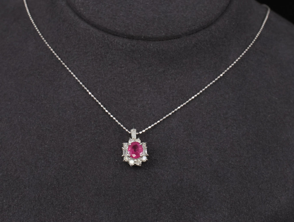 Vintage 0.85ct Natural Hot Pink Sapphire & 0.35ct Diamond Halo Platinum Necklace