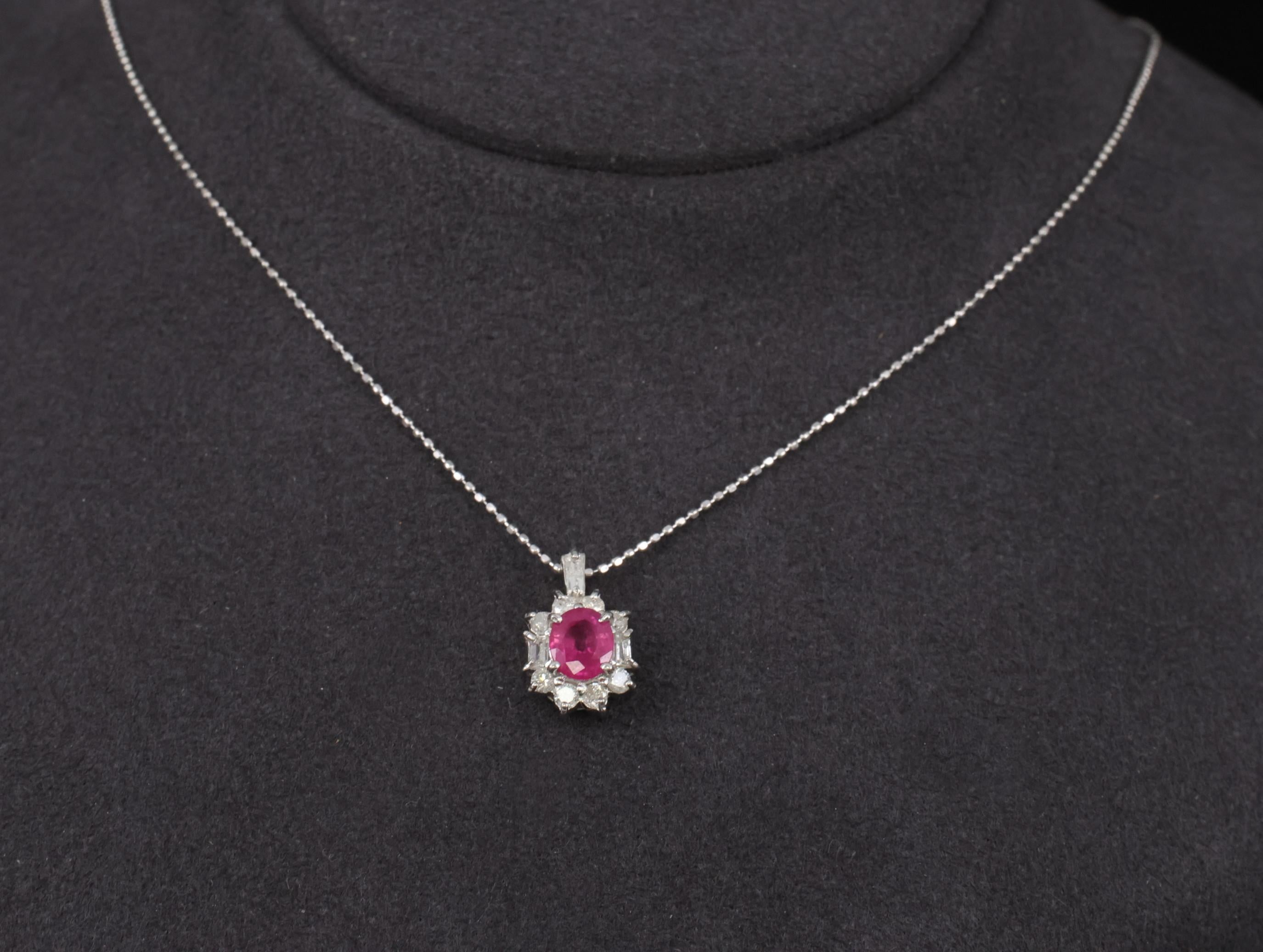 Vintage 0.85ct Natural Hot Pink Sapphire & 0.35ct Diamond Halo Platinum Necklace