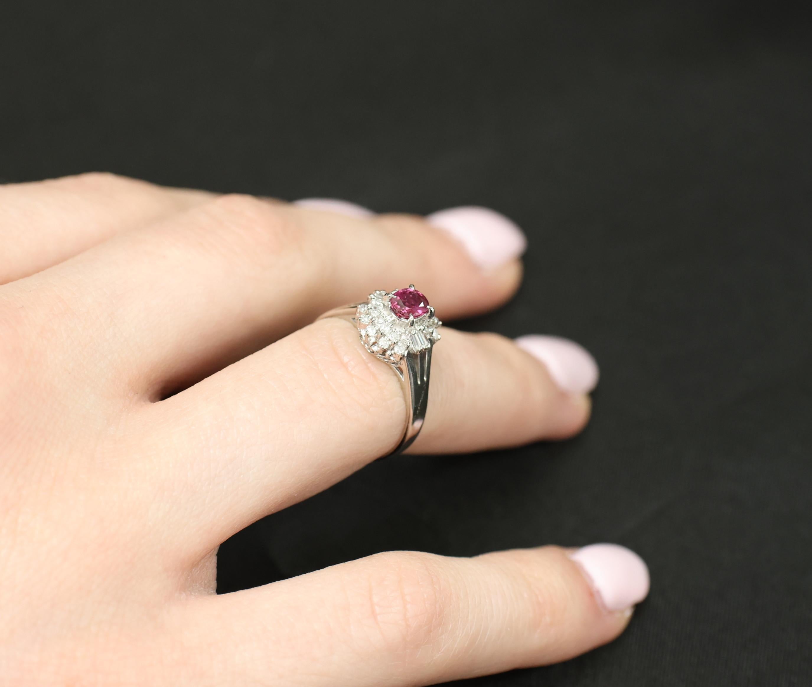 Vintage 0.44ct Natural Ruby 0.23ct Diamond Platinum Cocktail Ring Size 5.5 3.88g