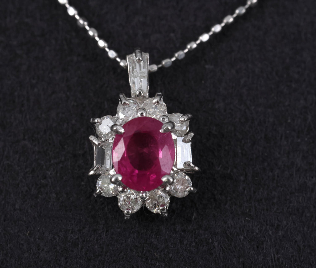 Vintage 0.85ct Natural Hot Pink Sapphire & 0.35ct Diamond Halo Platinum Necklace