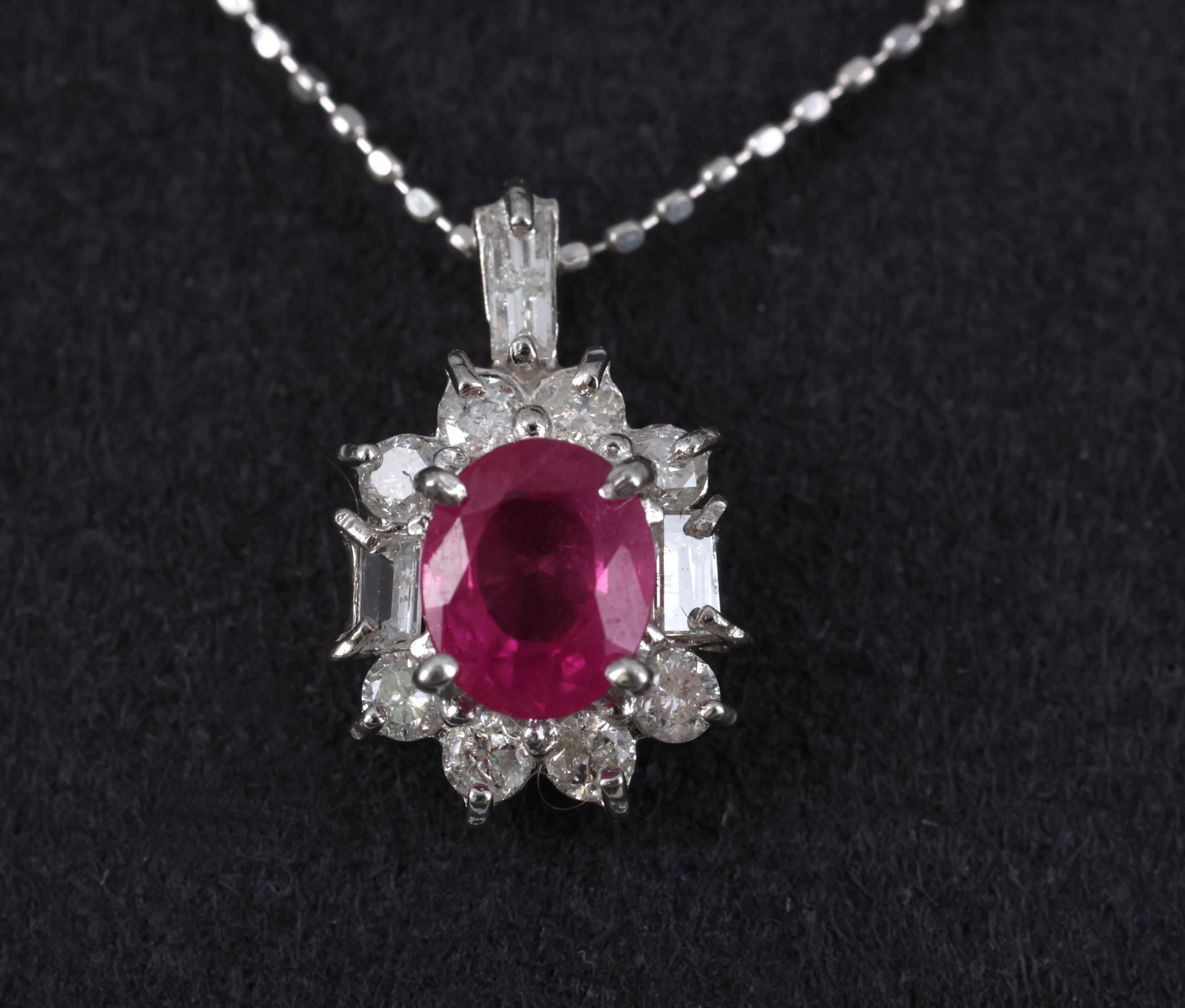 Vintage 0.85ct Natural Hot Pink Sapphire & 0.35ct Diamond Halo Platinum Necklace