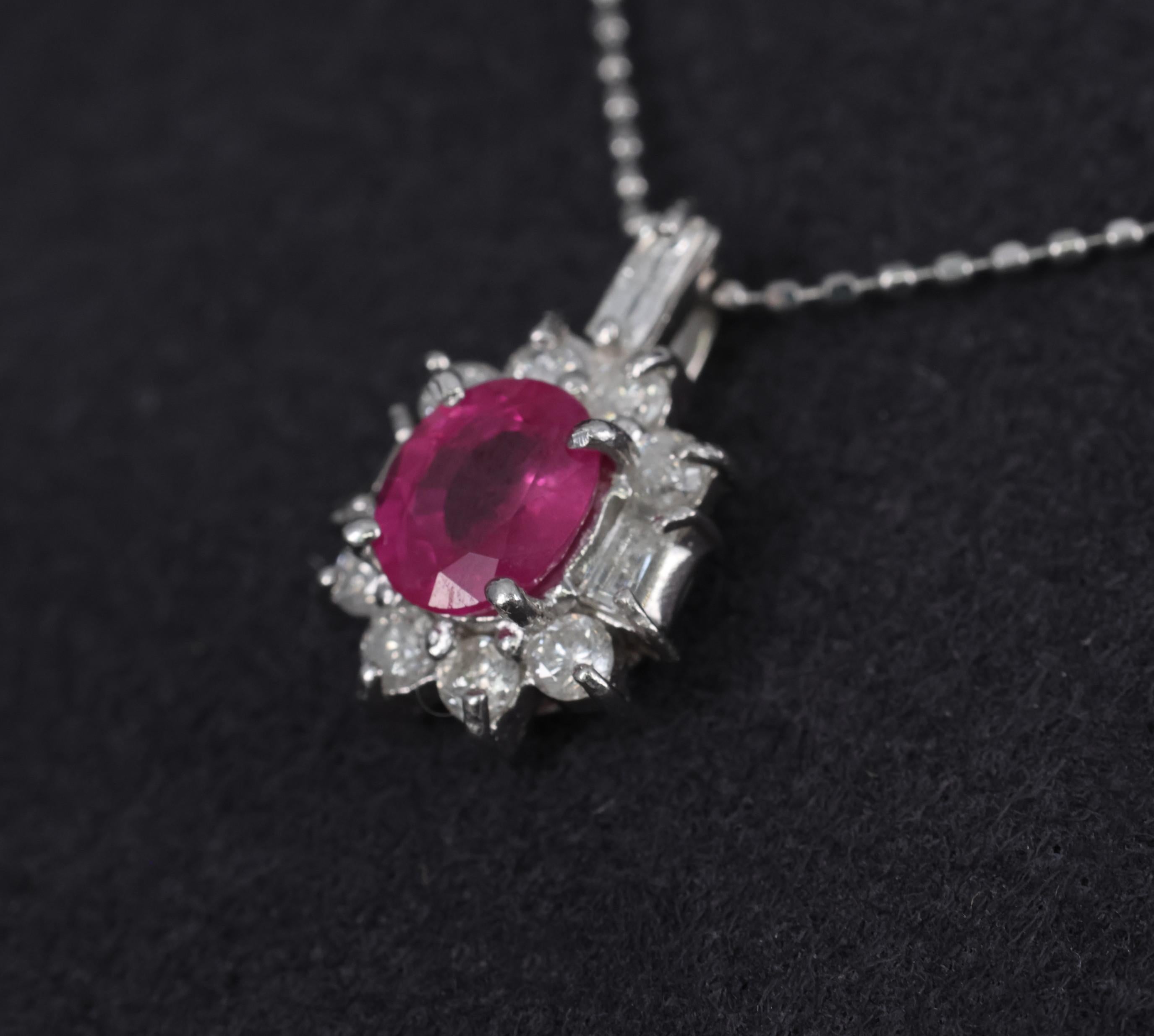Vintage 0.85ct Natural Hot Pink Sapphire & 0.35ct Diamond Halo Platinum Necklace