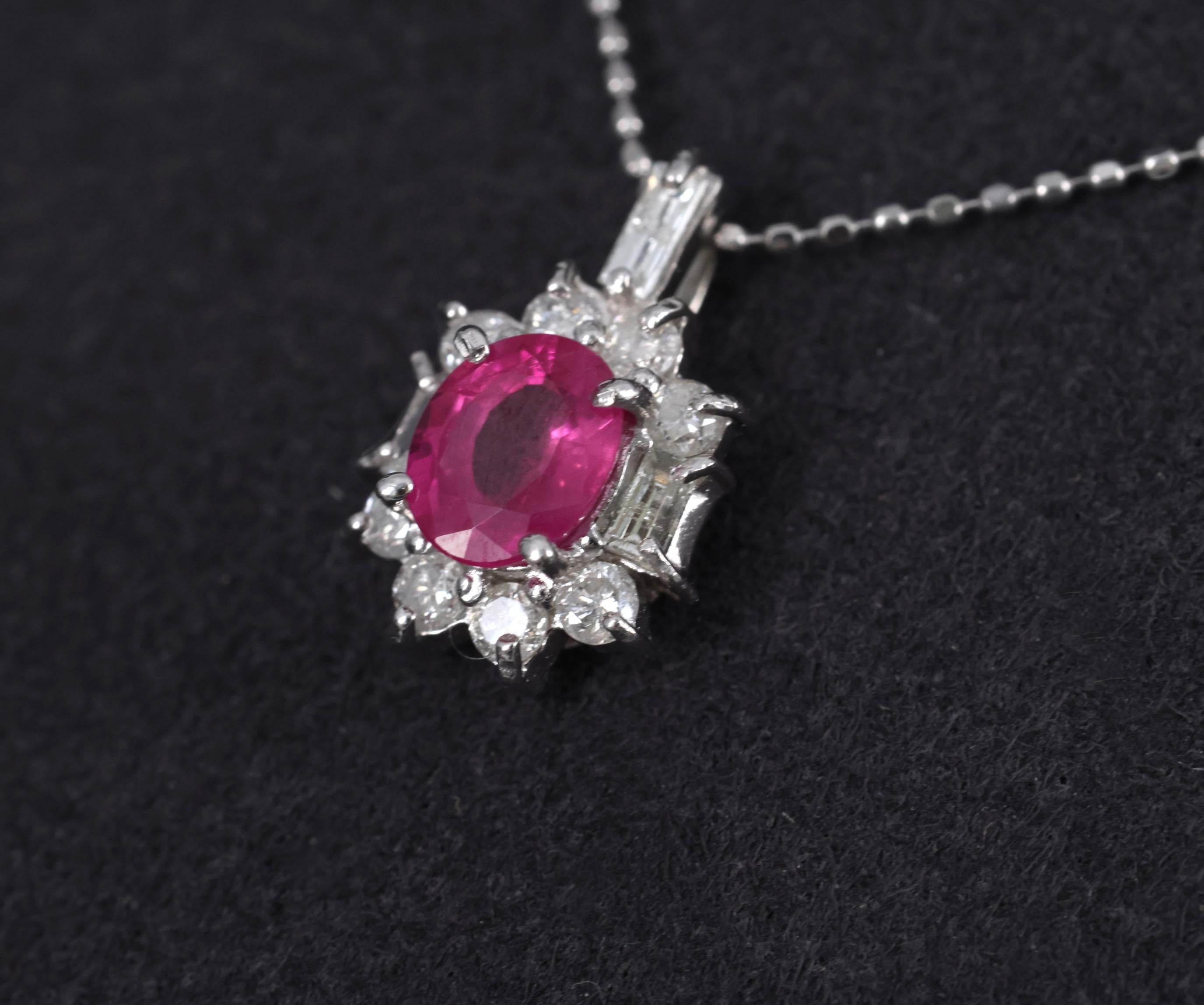 Vintage 0.85ct Natural Hot Pink Sapphire & 0.35ct Diamond Halo Platinum Necklace