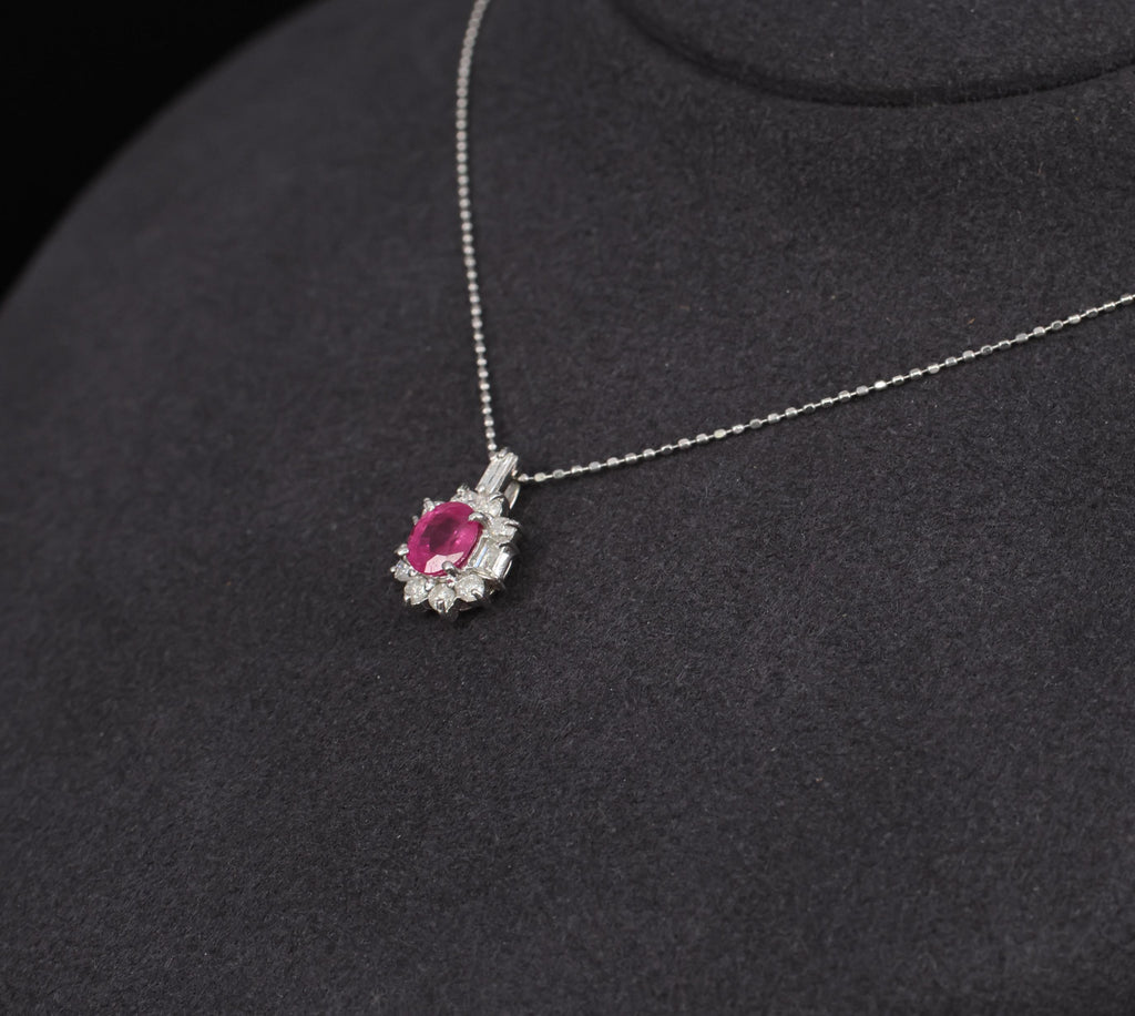 Vintage 0.85ct Natural Hot Pink Sapphire & 0.35ct Diamond Halo Platinum Necklace
