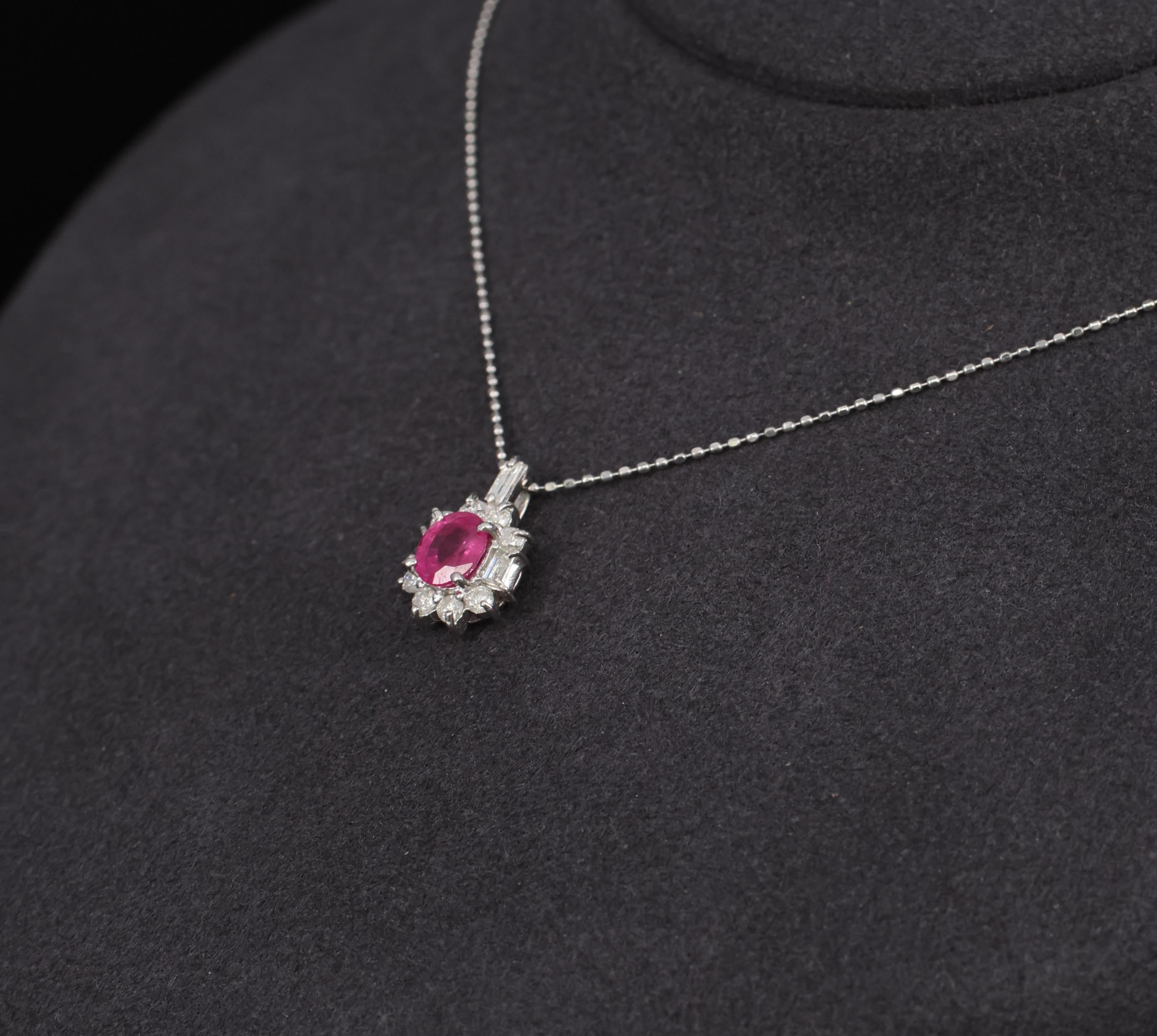 Vintage 0.85ct Natural Hot Pink Sapphire & 0.35ct Diamond Halo Platinum Necklace