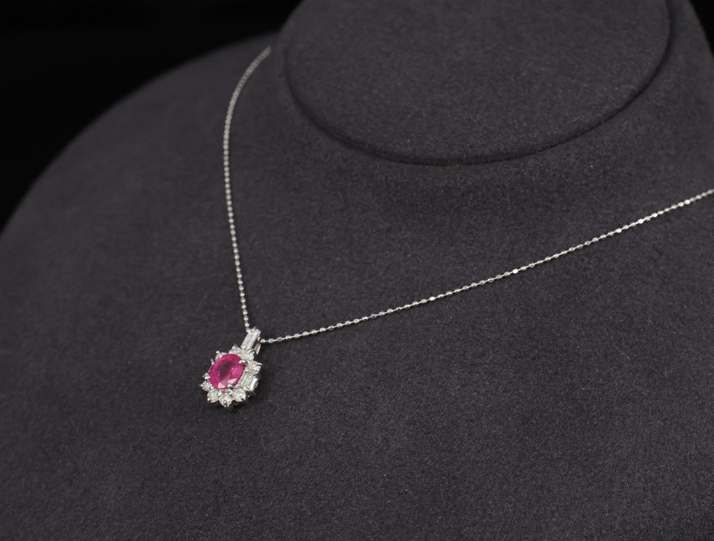 Vintage 0.85ct Natural Hot Pink Sapphire & 0.35ct Diamond Halo Platinum Necklace