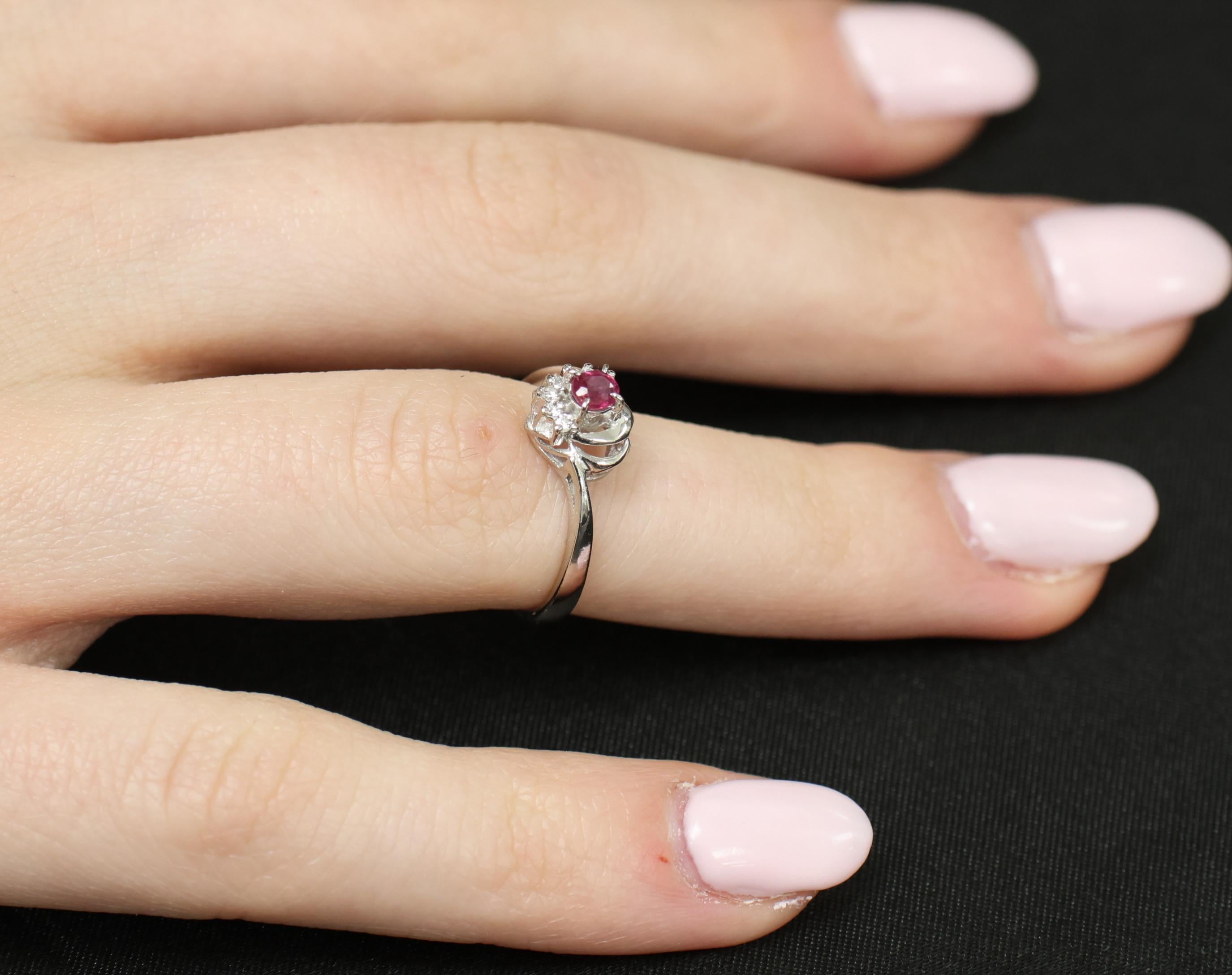 Vintage 0.21ct Natural Ruby & 0.05ct Diamond Handmade Platinum Ring Size 4.5