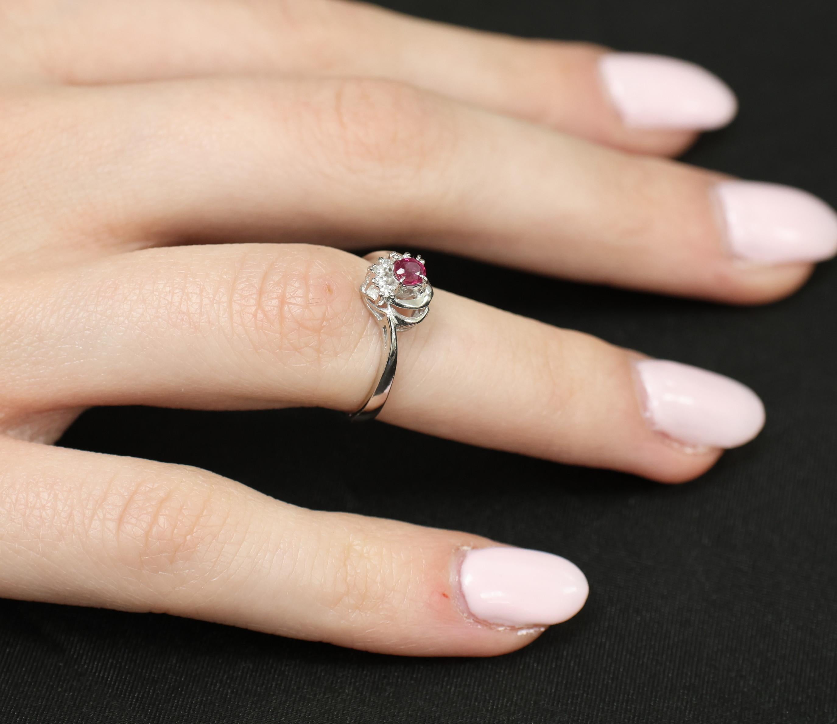 Vintage 0.21ct Natural Ruby & 0.05ct Diamond Handmade Platinum Ring Size 4.5