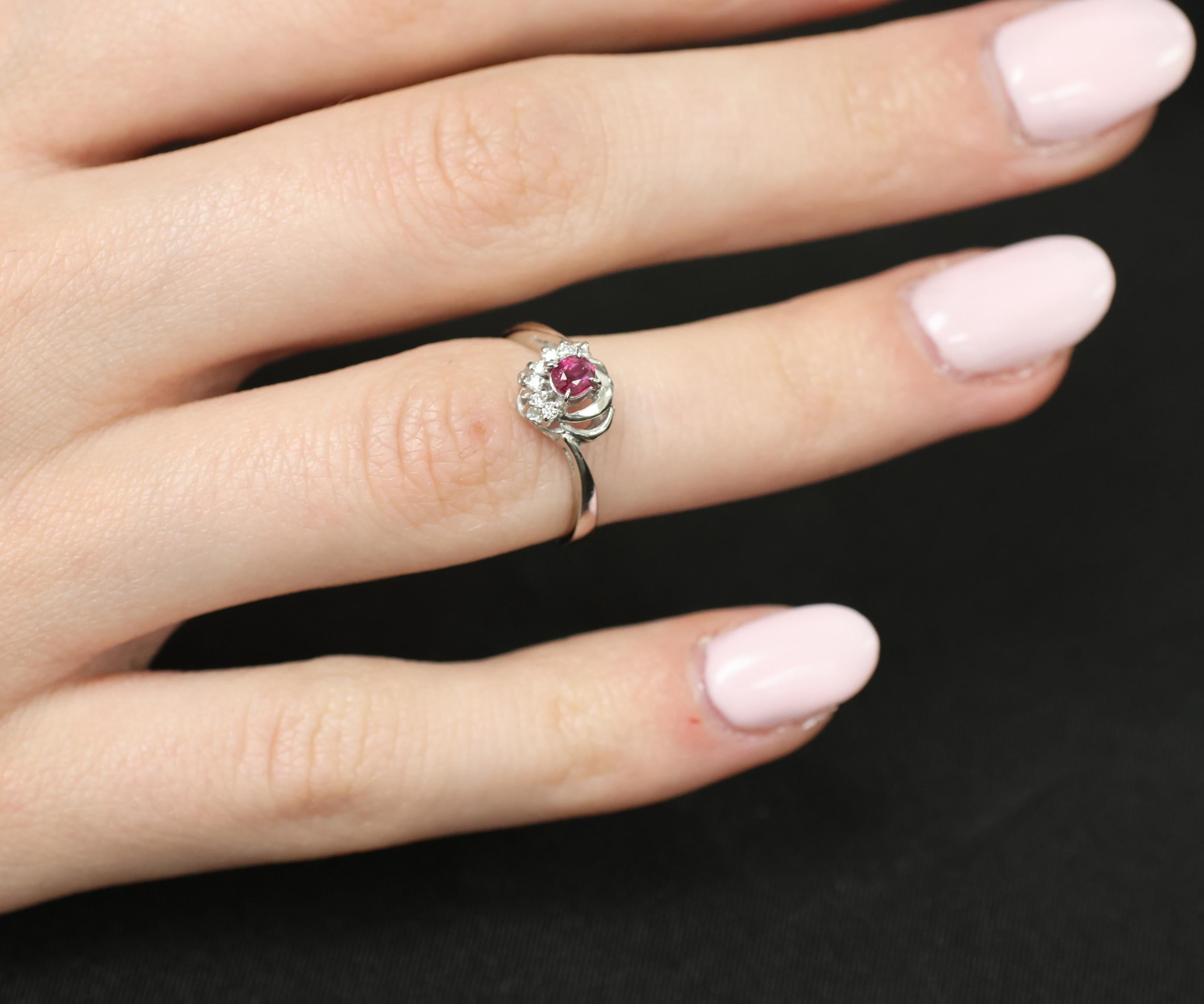 Vintage 0.21ct Natural Ruby & 0.05ct Diamond Handmade Platinum Ring Size 4.5