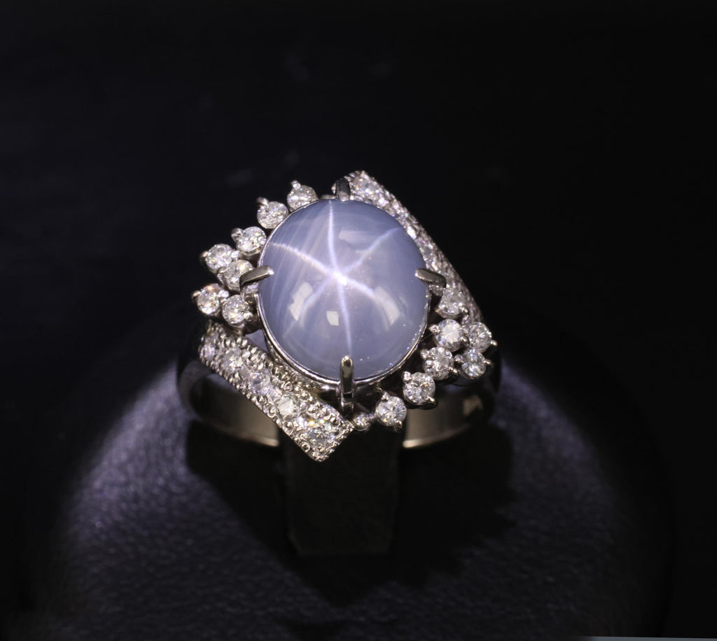 Fine 7.74ct Natural Untreated Star Sapphire &0.48ct Diamond Platinum Ring Size 7
