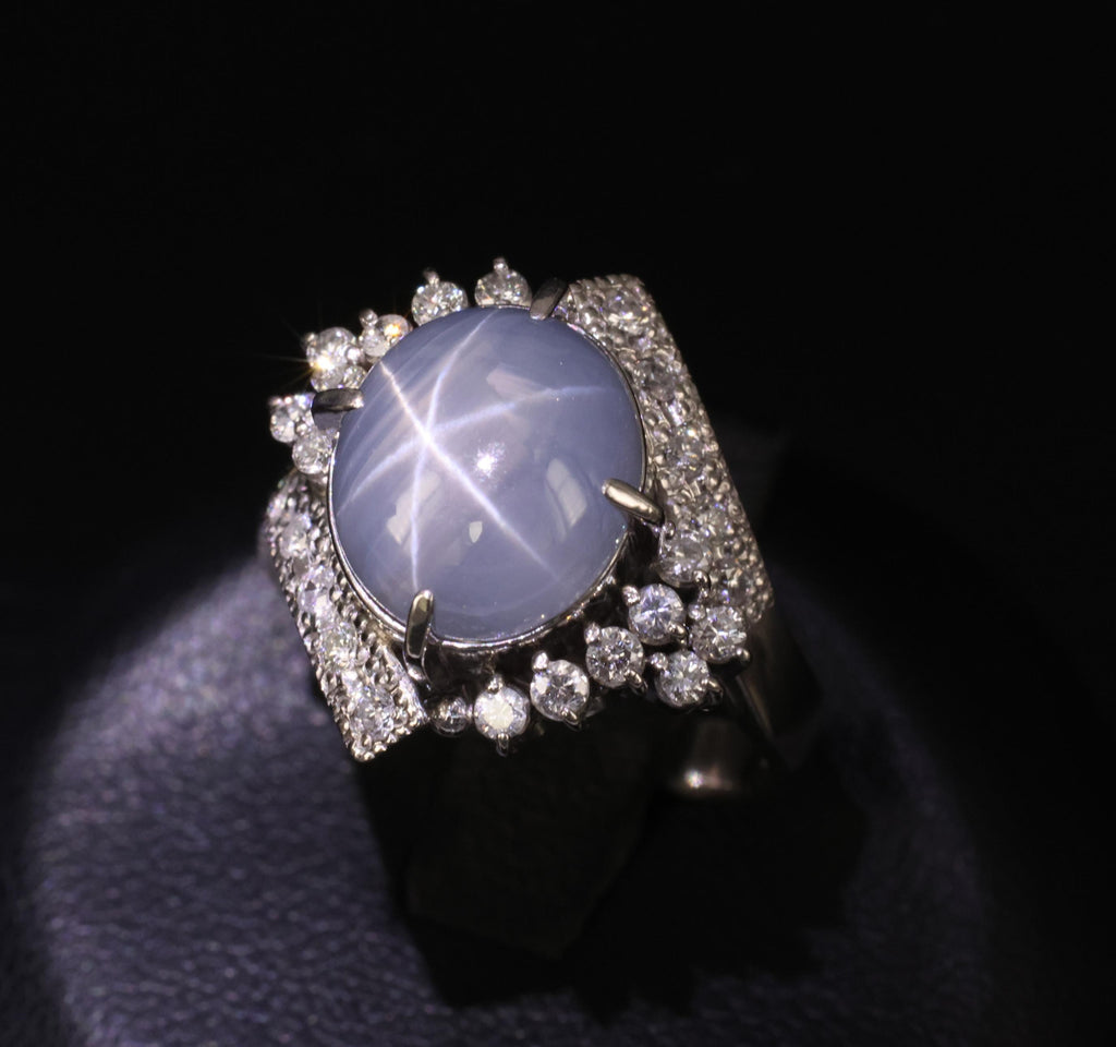 Fine 7.74ct Natural Untreated Star Sapphire &0.48ct Diamond Platinum Ring Size 7
