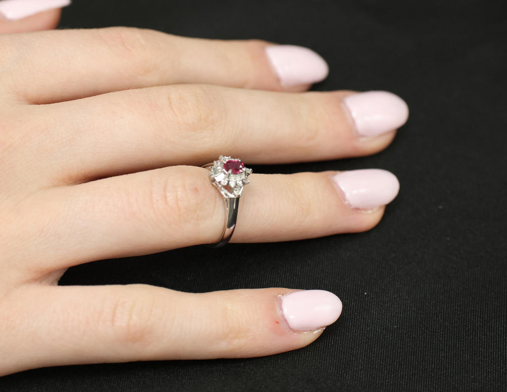 Vintage 0.29ct Natural Intense Red Ruby & 0.14ct Diamond Platinum Ring Size 4.5