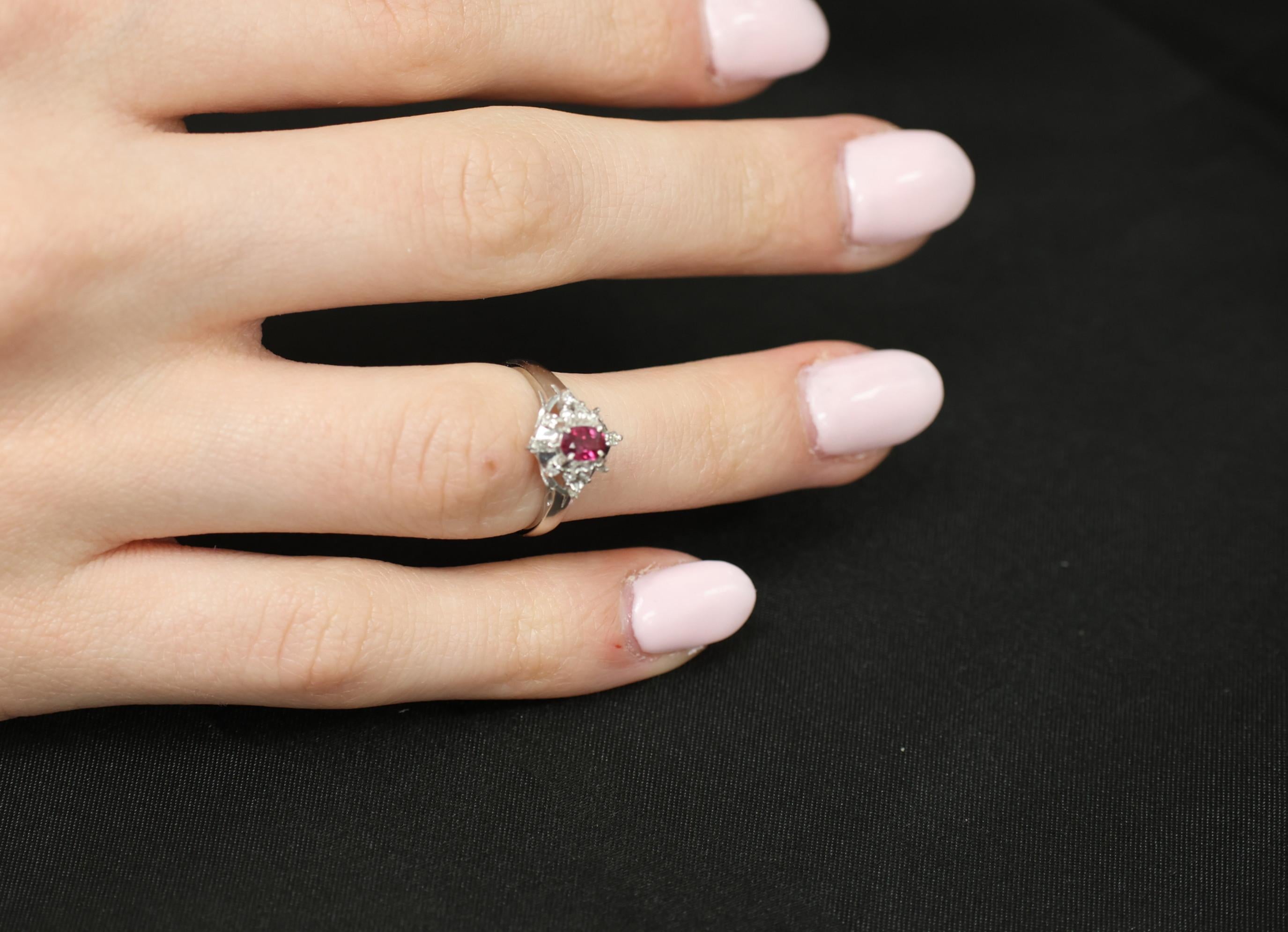 Vintage 0.29ct Natural Intense Red Ruby & 0.14ct Diamond Platinum Ring Size 4.5