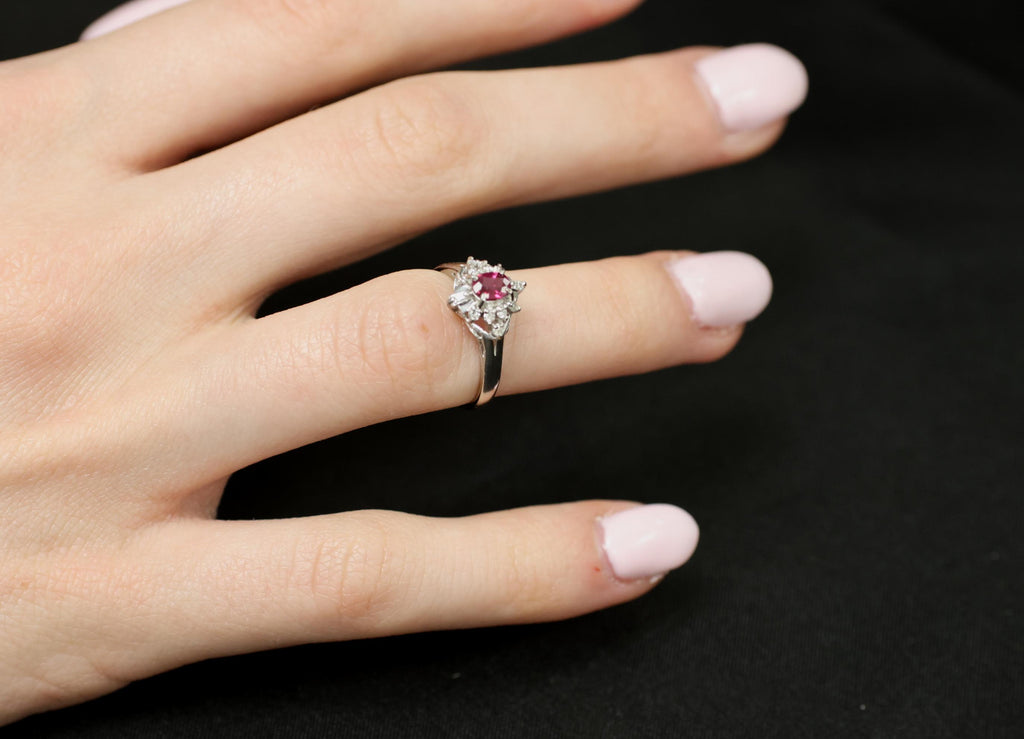 Vintage 0.29ct Natural Intense Red Ruby & 0.14ct Diamond Platinum Ring Size 4.5