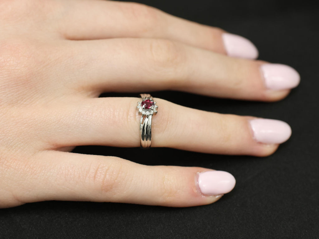 Vintage 0.35ct Intense Red Ruby & 0.09ct Diamond Platinum Ring Size 5.75