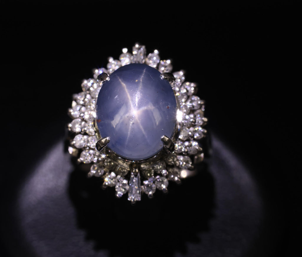 12.50ct Natural Blue Star Sapphire & 0.80ct Diamond Halo Platinum Ring Size 7.25