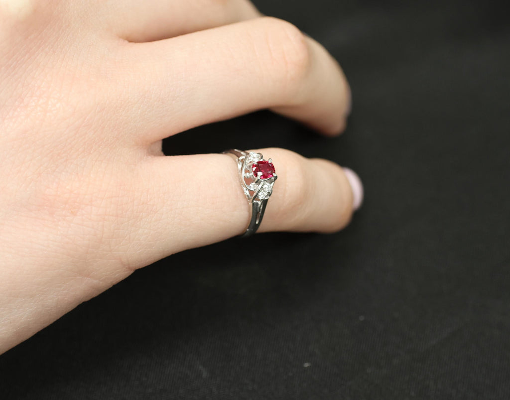 Fine 0.28ct Intense Red Ruby & 0.06ct Diamond Handmade Platinum Ring Size 3.25
