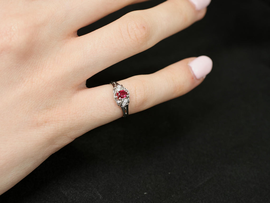 Fine 0.28ct Intense Red Ruby & 0.06ct Diamond Handmade Platinum Ring Size 3.25