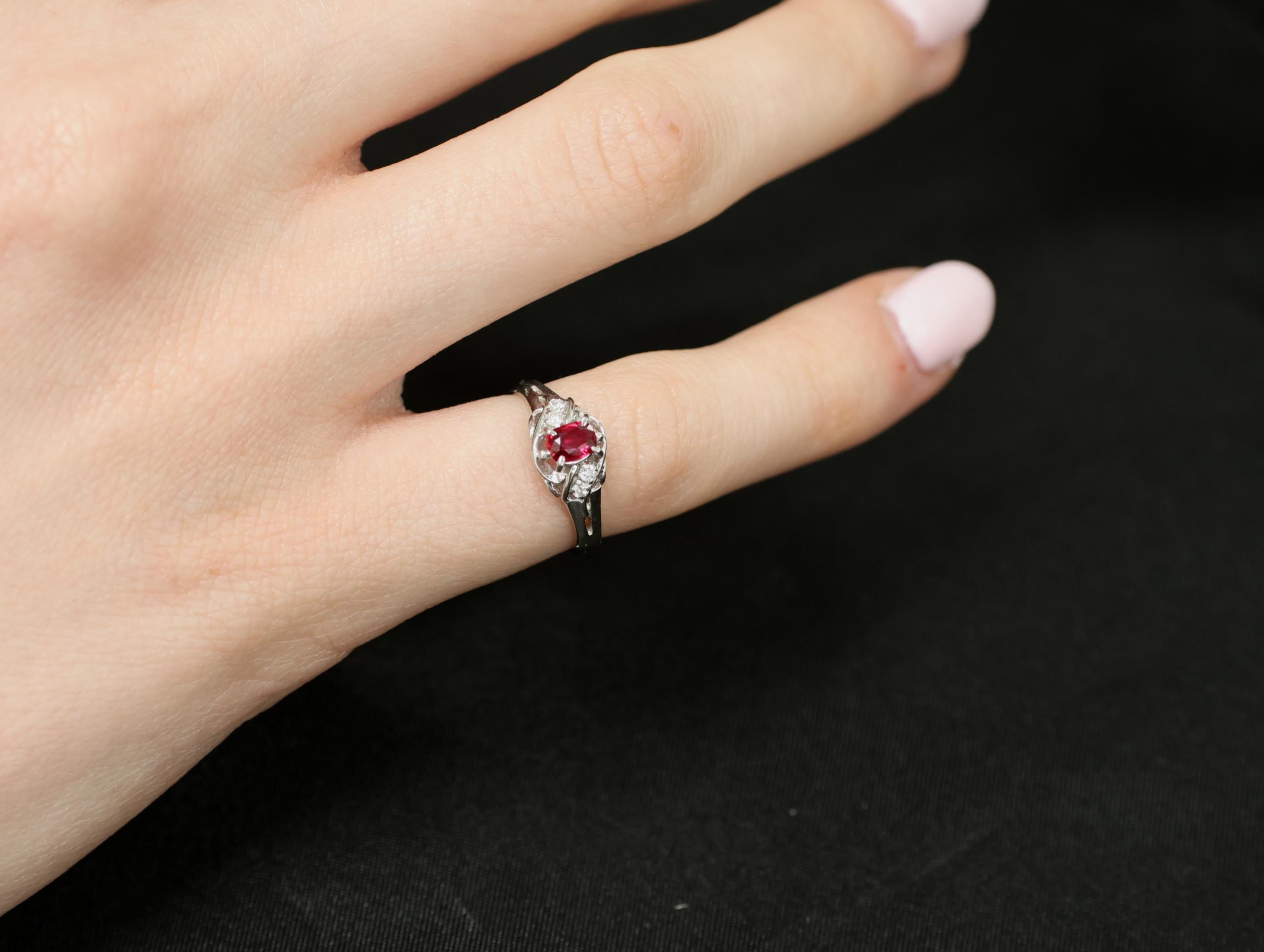 Fine 0.28ct Intense Red Ruby & 0.06ct Diamond Handmade Platinum Ring Size 3.25