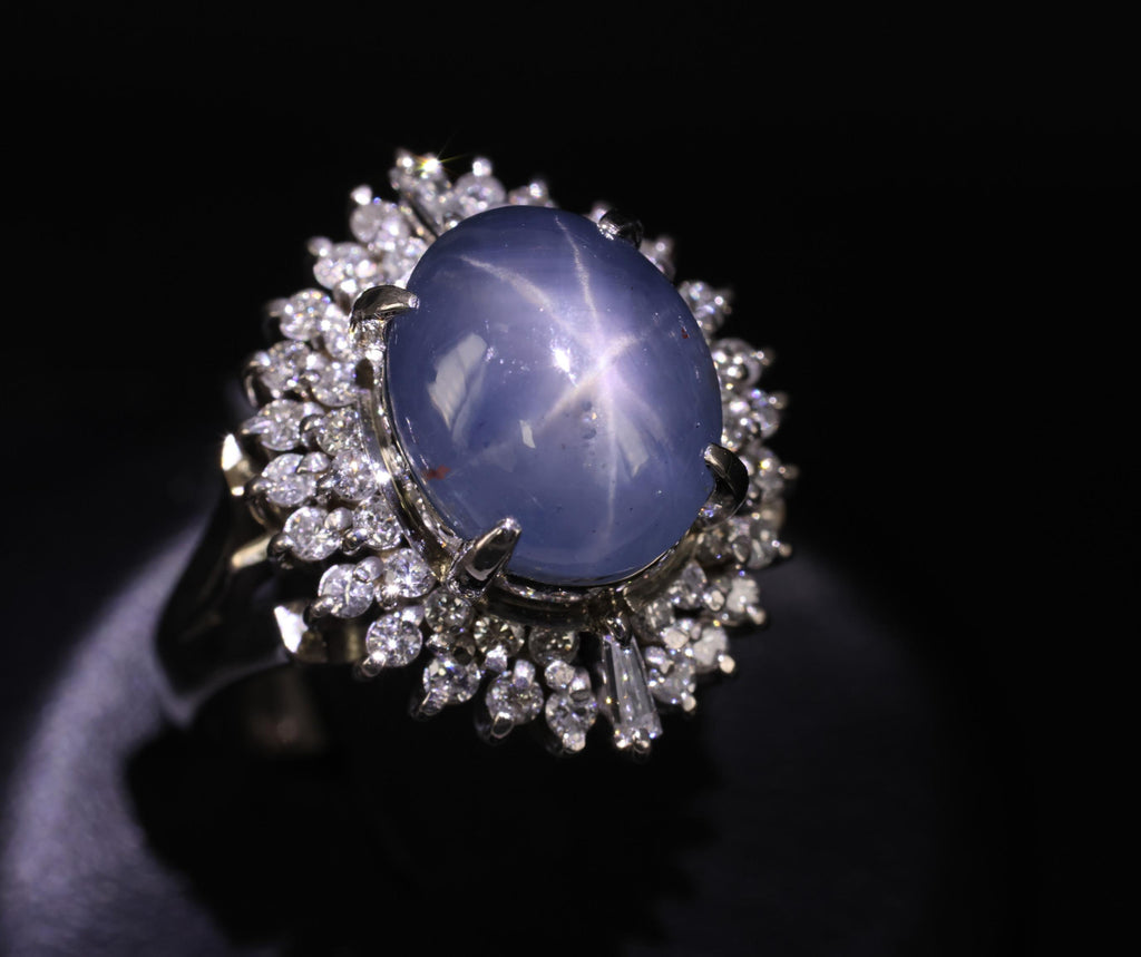 12.50ct Natural Blue Star Sapphire & 0.80ct Diamond Halo Platinum Ring Size 7.25