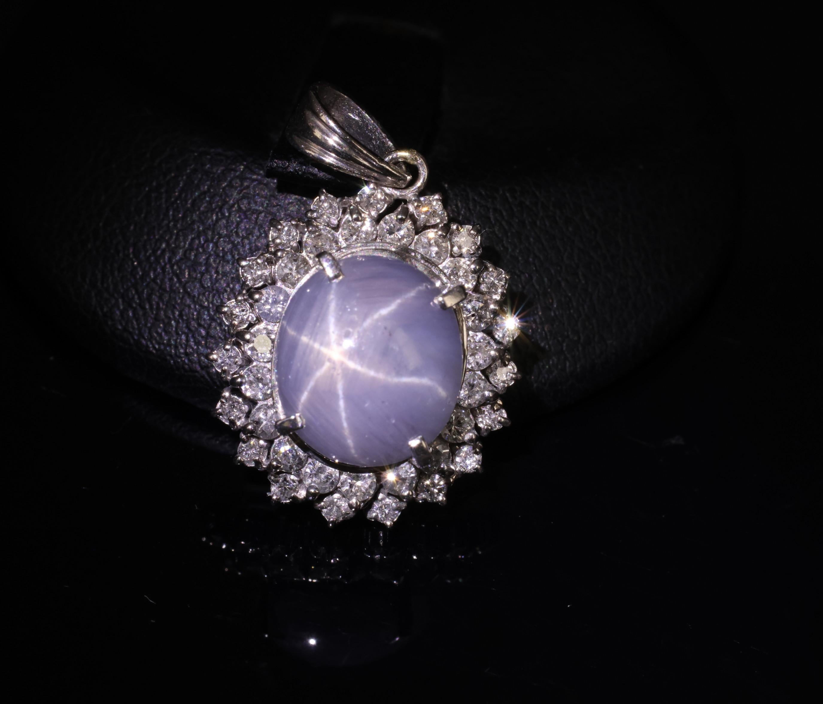 Vintage 4.80ct Natural Blue Star Sapphire & 0.61ct Diamond Halo Platinum Pendant