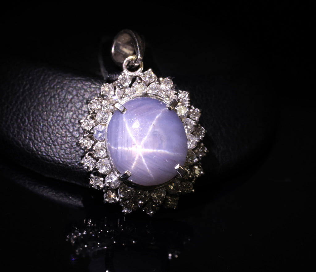 Vintage 4.80ct Natural Blue Star Sapphire & 0.61ct Diamond Halo Platinum Pendant