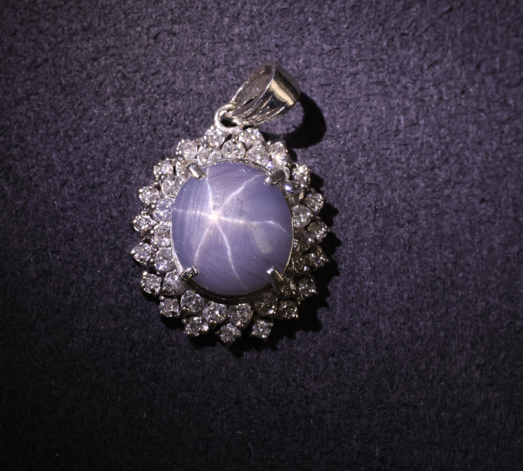Vintage 4.80ct Natural Blue Star Sapphire & 0.61ct Diamond Halo Platinum Pendant