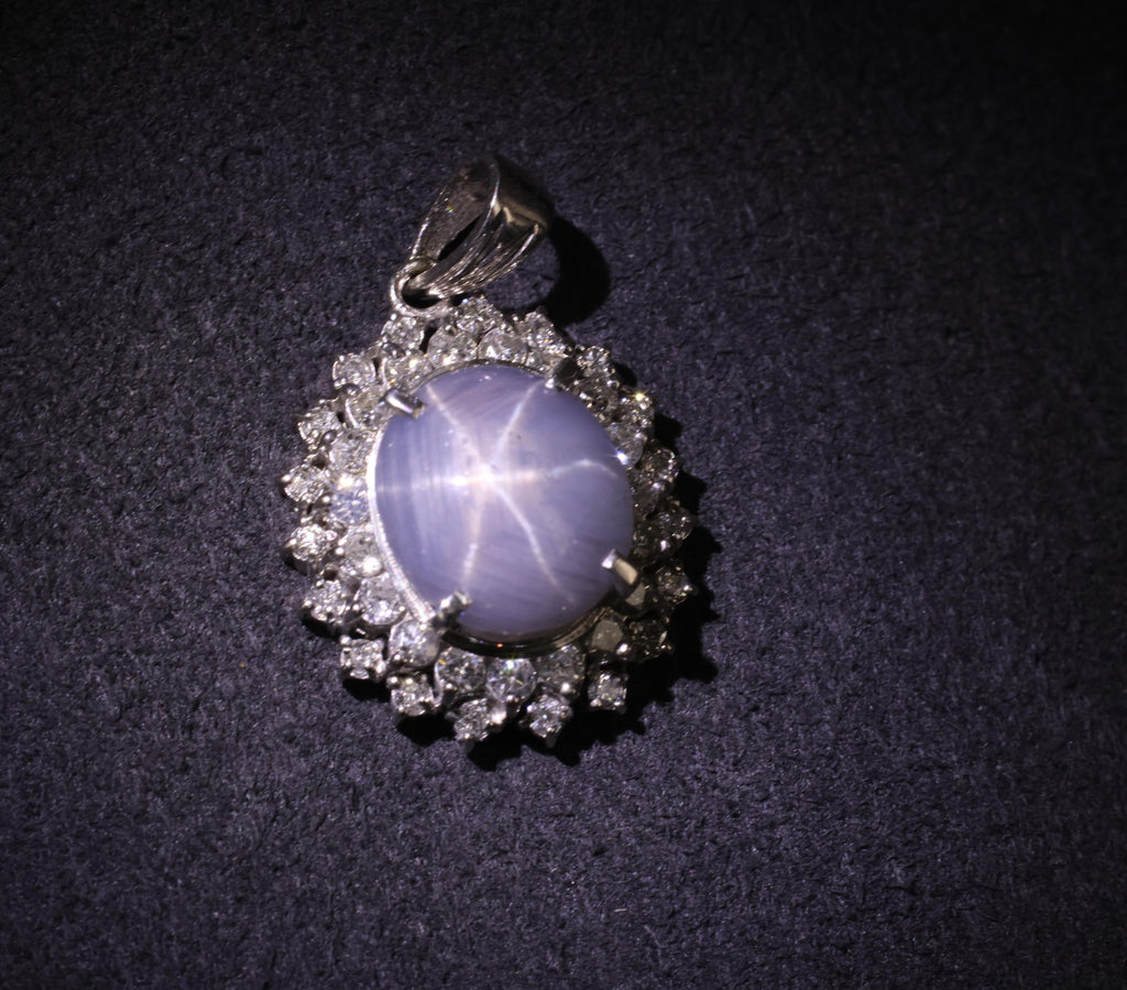 Vintage 4.80ct Natural Blue Star Sapphire & 0.61ct Diamond Halo Platinum Pendant