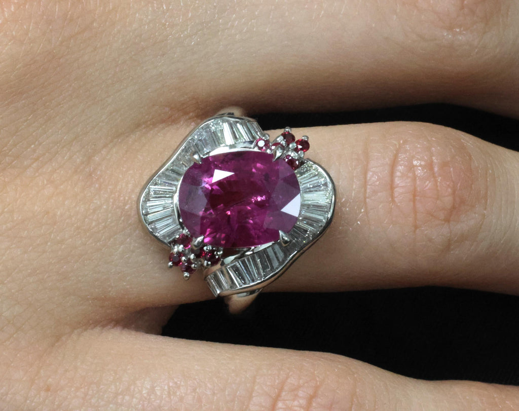 Rare 7.69ct GIA Pink Sapphire 1.02ct Diamond & Ruby Platinum Ring Size 7