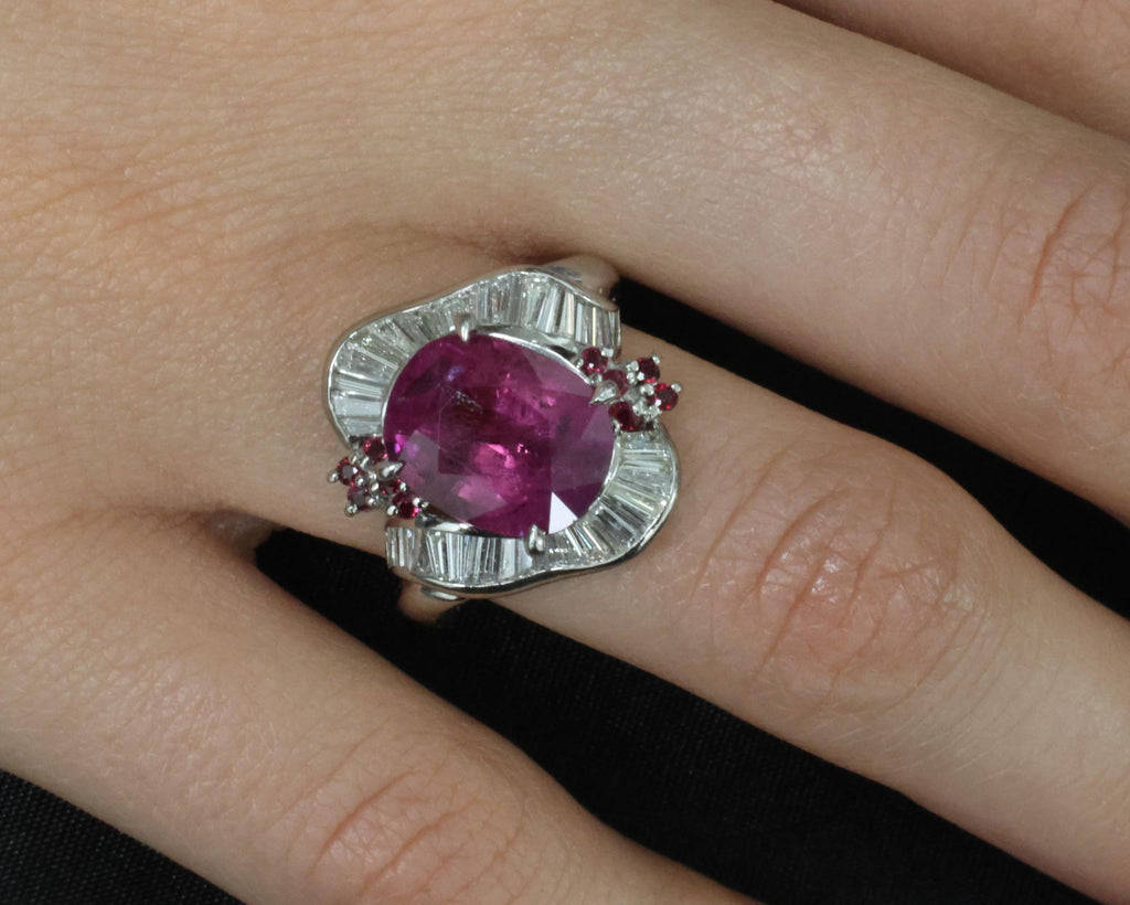 Rare 7.69ct GIA Pink Sapphire 1.02ct Diamond & Ruby Platinum Ring Size 7