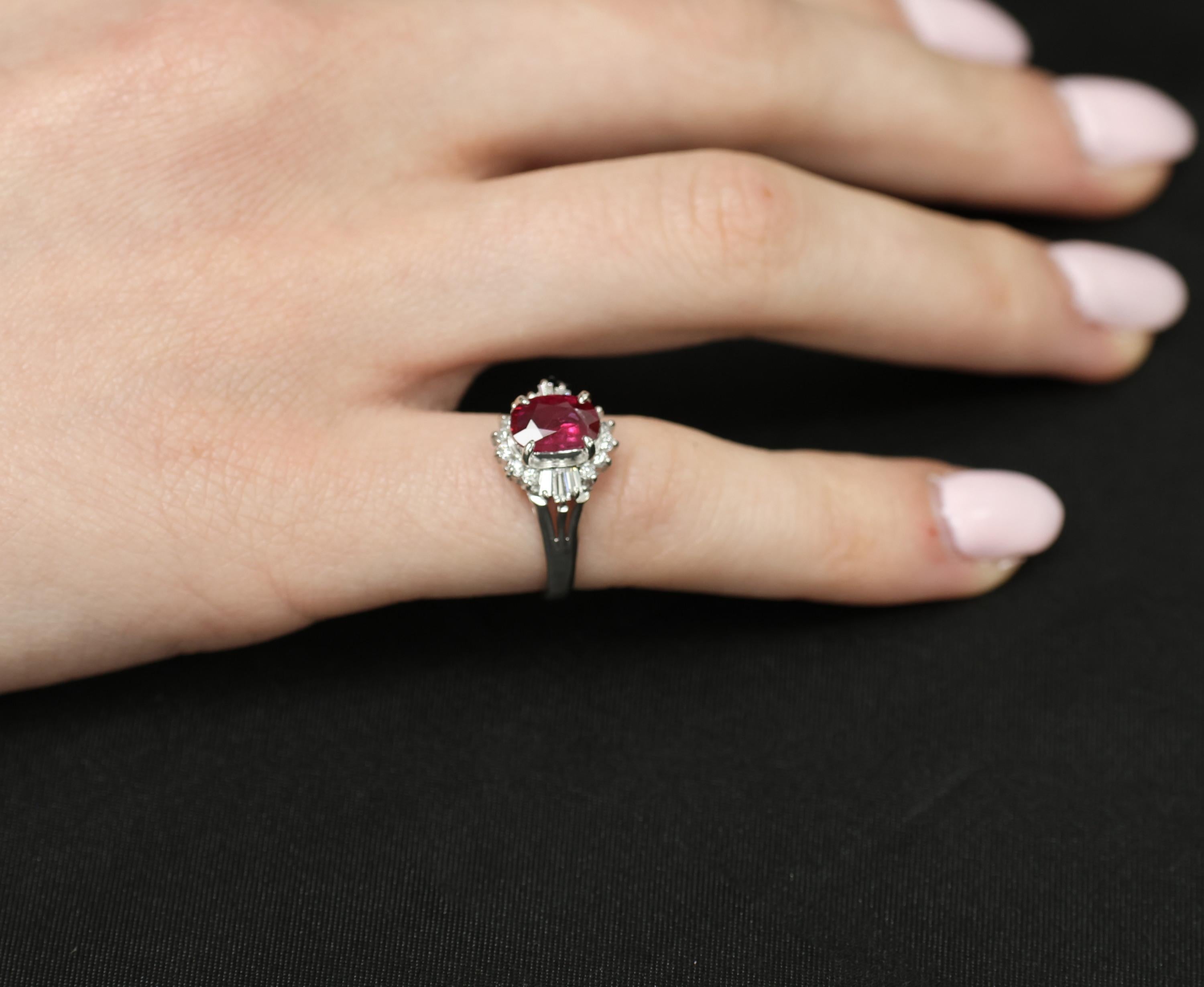 Vintage 1.11ct Intense Red Ruby & 0.29ct Diamond Platinum Ring Size 4.5, 4.84g