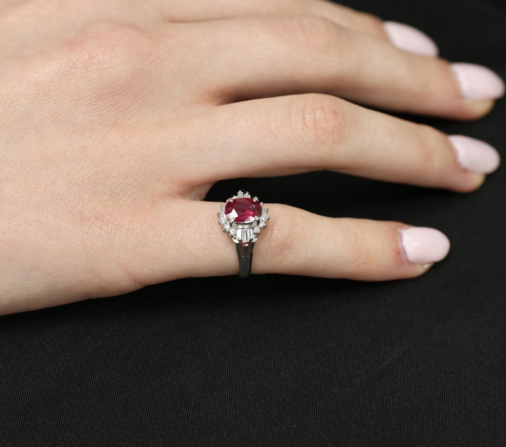 Vintage 1.11ct Intense Red Ruby & 0.29ct Diamond Platinum Ring Size 4.5, 4.84g