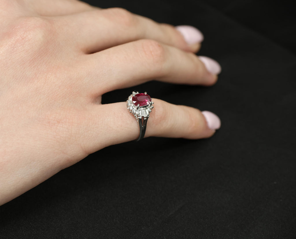 Vintage 1.11ct Intense Red Ruby & 0.29ct Diamond Platinum Ring Size 4.5, 4.84g
