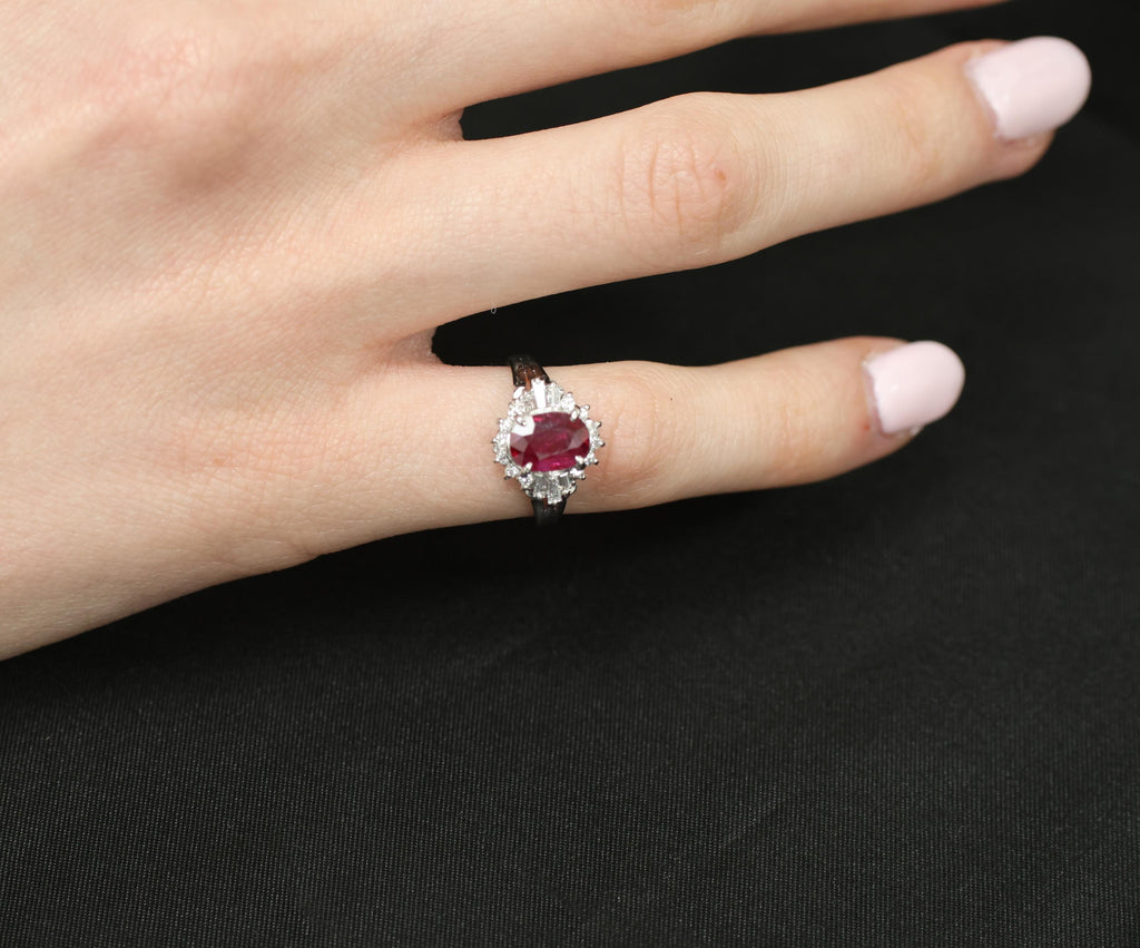 Vintage 1.11ct Intense Red Ruby & 0.29ct Diamond Platinum Ring Size 4.5, 4.84g