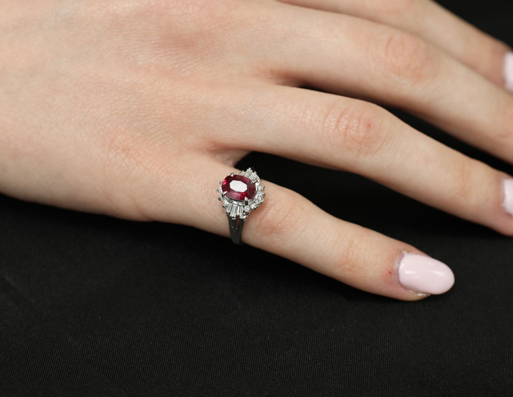 Vintage 1.11ct Intense Red Ruby & 0.29ct Diamond Platinum Ring Size 4.5, 4.84g