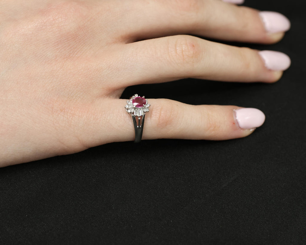 Vintage 0.55ct Ruby & 0.15ct Diamond Platinum Cocktail Cluster Ring Size 4.75