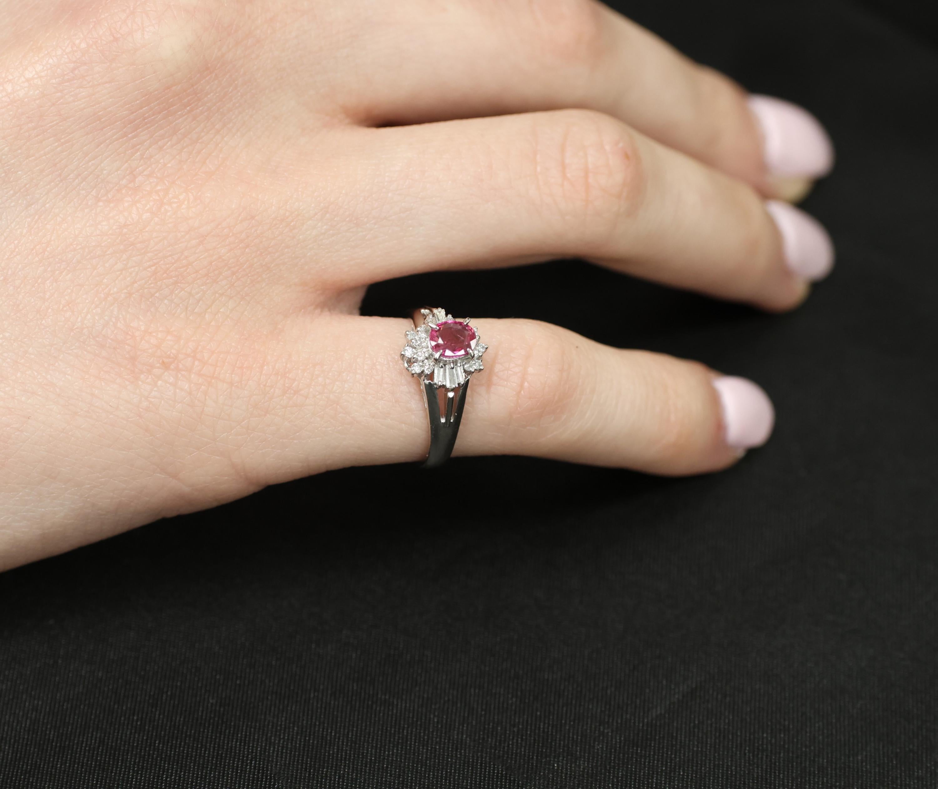 Vintage 0.55ct Ruby & 0.15ct Diamond Platinum Cocktail Cluster Ring Size 4.75