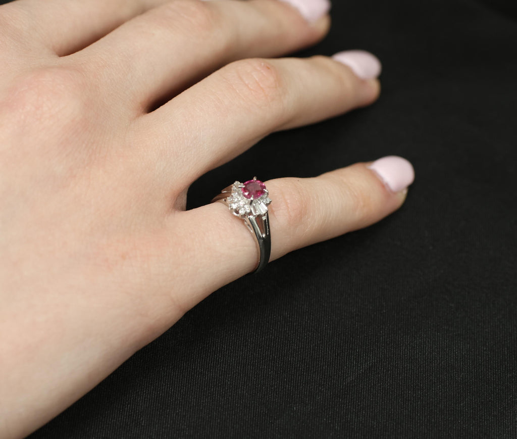 Vintage 0.55ct Ruby & 0.15ct Diamond Platinum Cocktail Cluster Ring Size 4.75