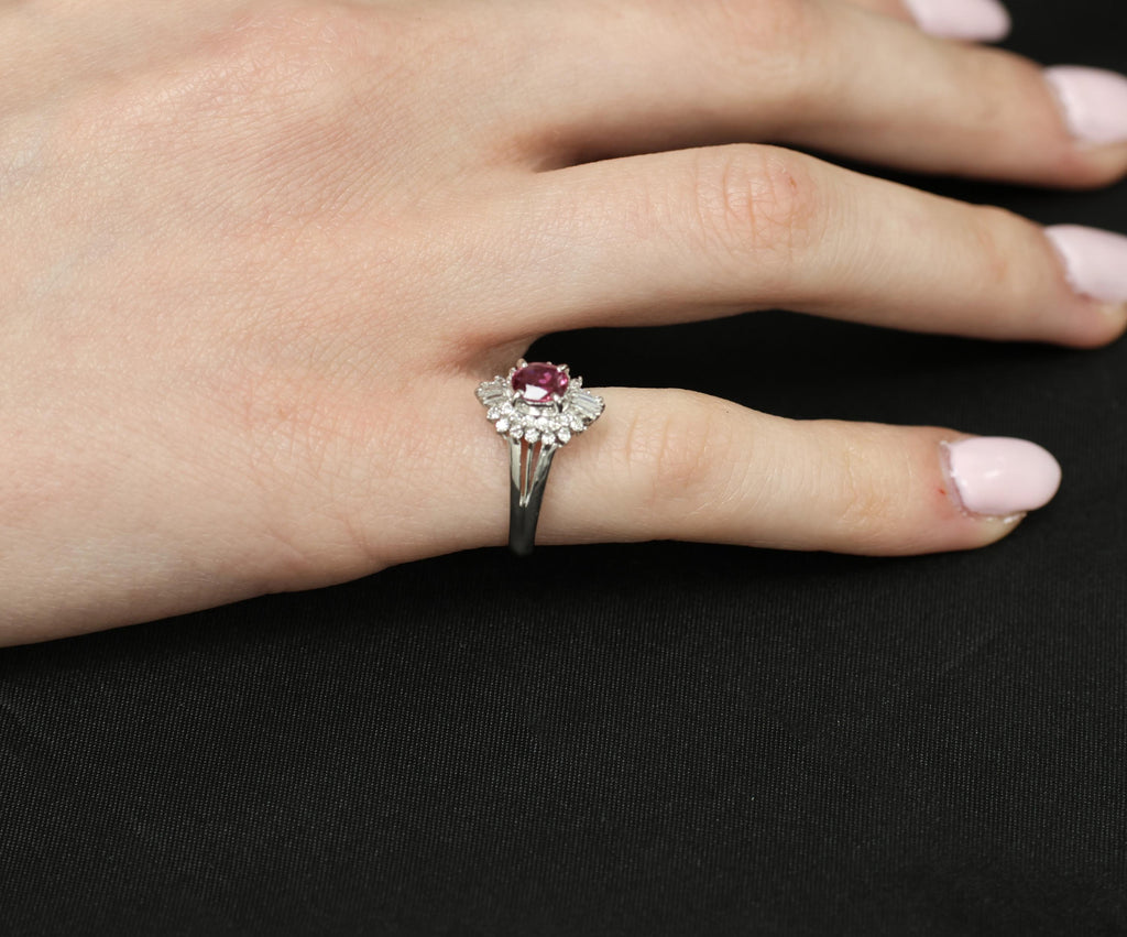 Vintage 0.75ct Ruby & 0.30ct Diamond Platinum Cocktail Cluster Ring Size 5.25